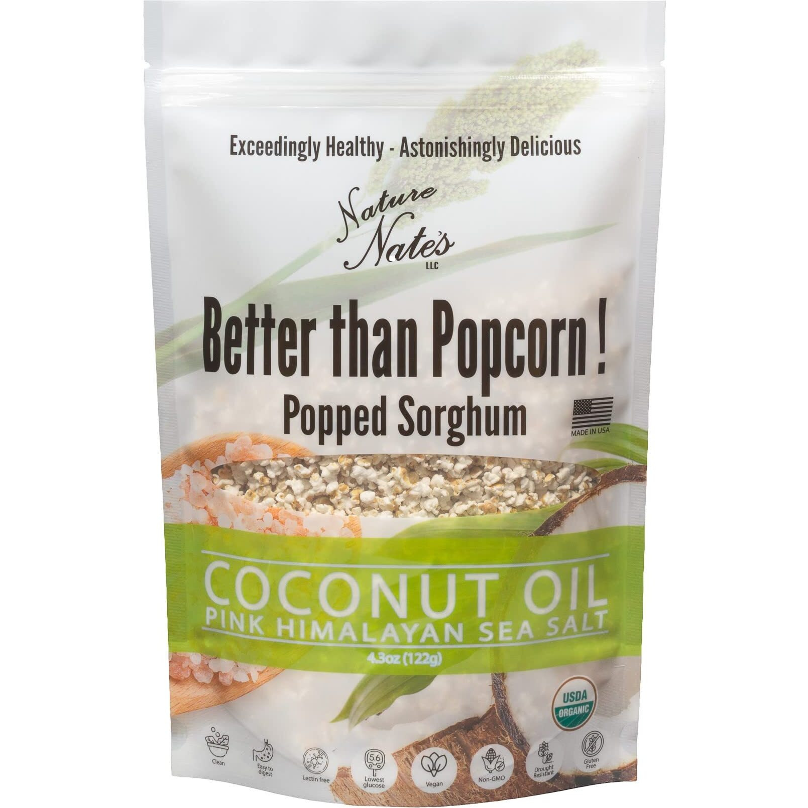 Nature Nates Popped Sorghum, Coconut Oil & Pink Himalayan Sea Salt - Organic, Keto & Gluten Free, Healthy Snacks, Better Than Popcorn, Made In Usa - 4.3 Ounce (Pack Of 6)