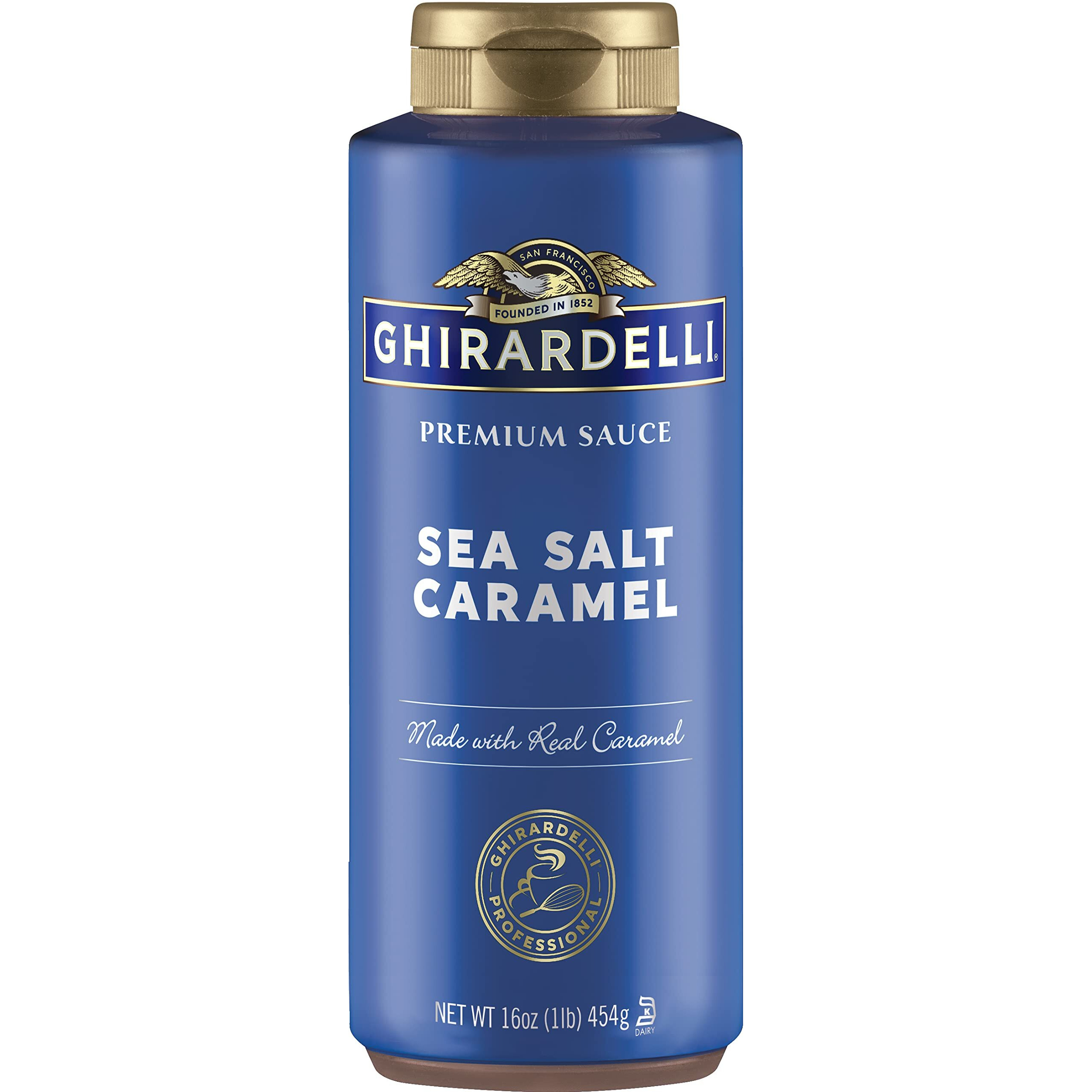 By The Cup Ghirardelli Sea Salt Caramel Sauce, 16 Ounce Squeeze Bottle With Ghirardelli Stamped Barista Spoon