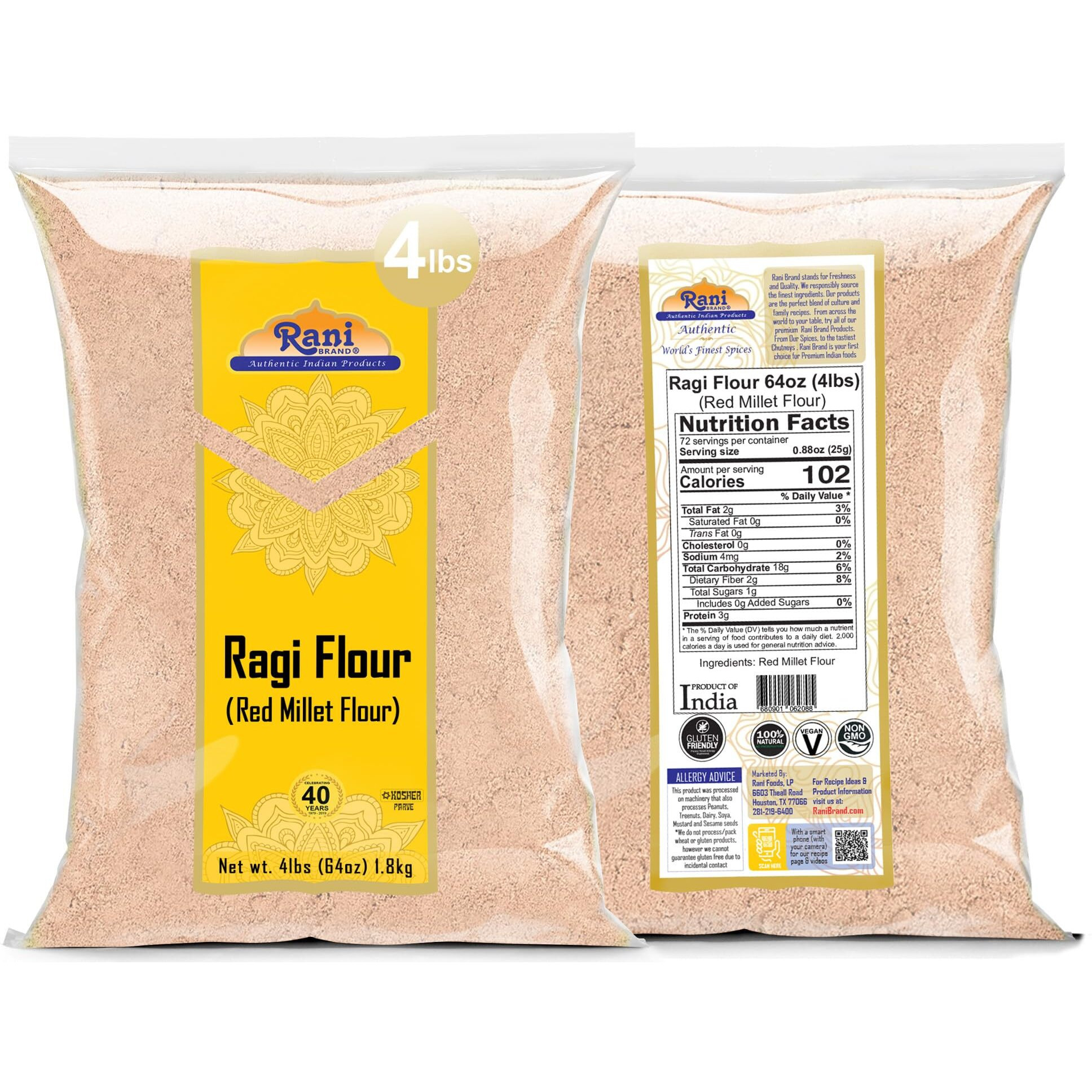 Rani Ragi (Finger Millet) Flour 64Oz (4Lbs) 1.81Kg Bulk ~ All Natural | Vegan | Gluten Friendly | Non-Gmo | Kosher | Indian Origin
