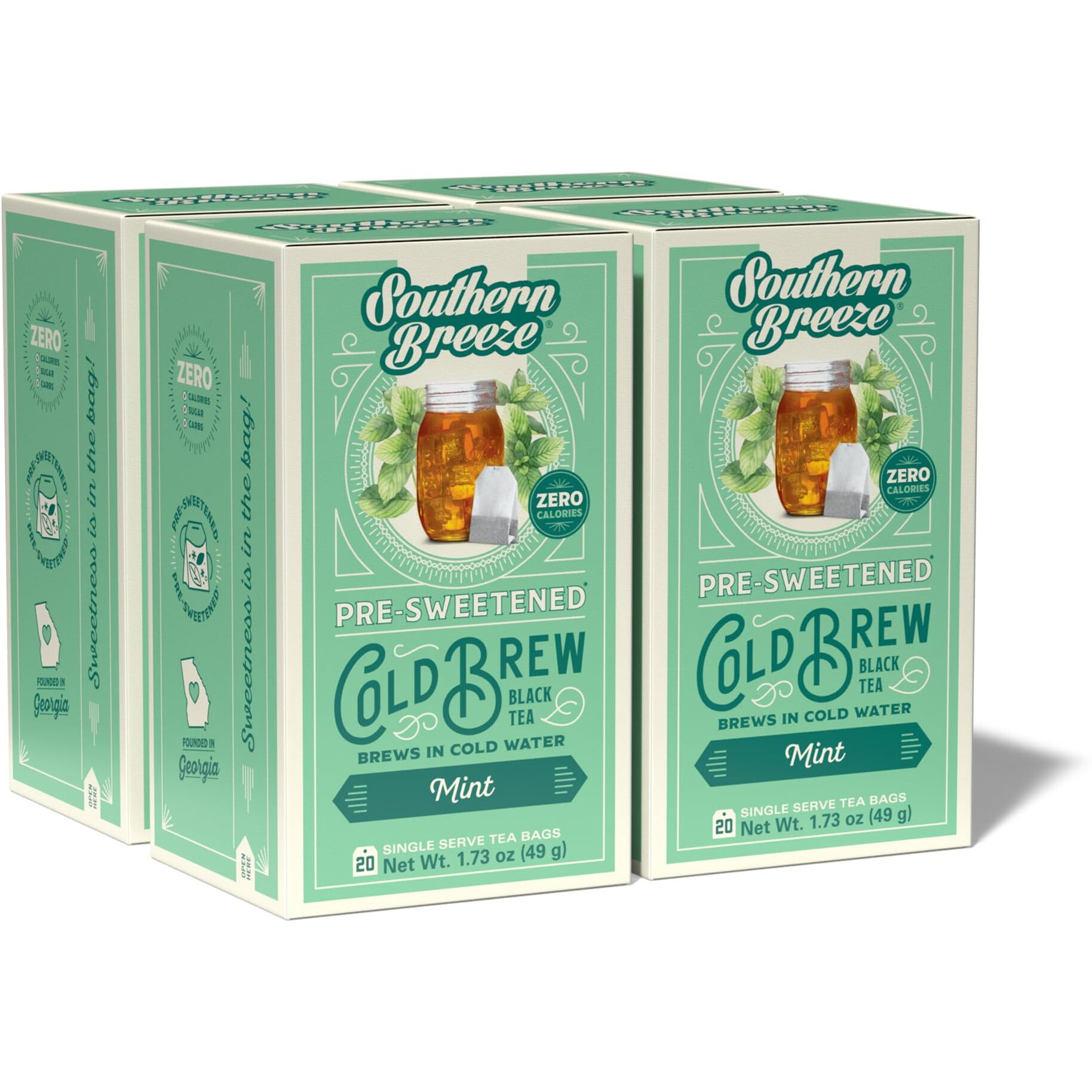 Southern Breeze Cold Brew Sweet Tea Mint Iced Tea With Black Tea And Zero Carbs Zero Sugar, 20 Individually Wrapped Tea Bags (Pack Of 4) Southern Sweet Tea Iced Tea Beverage