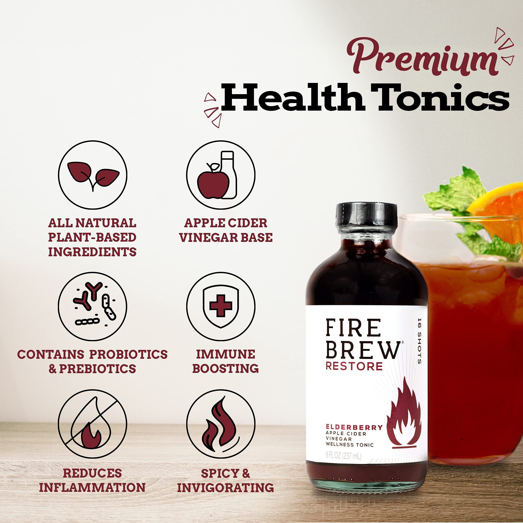 Fire Brew Restore - Elderberry Apple Cider Vinegar Wellness Tonic | 16 Concentrated Shots Of Healthiest Organic Ingredients Rich In Antioxidants & Vitamins To Strengthen Immune System - 8Oz