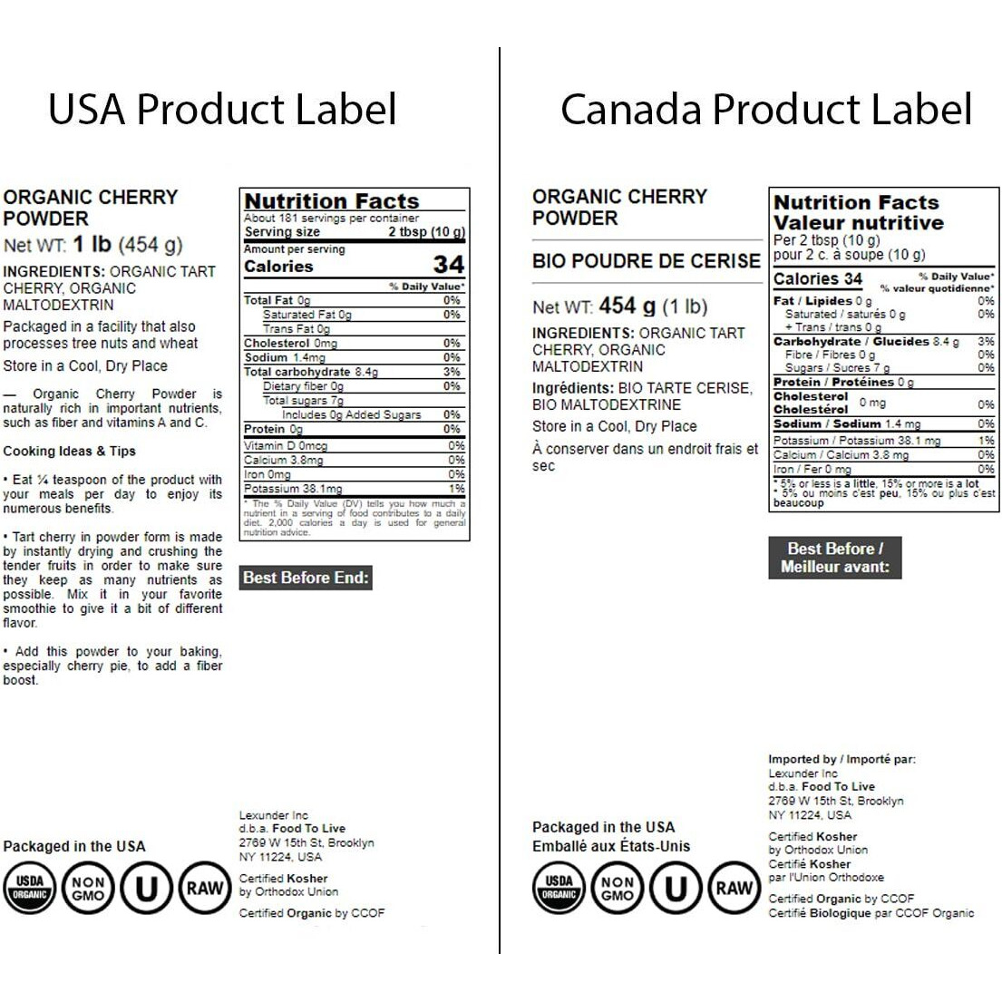 Food To Live Organic Tart Cherry Powder, 1 Pounds - Non-Gmo, Raw, Kosher, Vegan Superfood, Bulk, Rich In Antioxidants, Great For Juices, Drinks, And Smoothies, Contains Maltodextrin