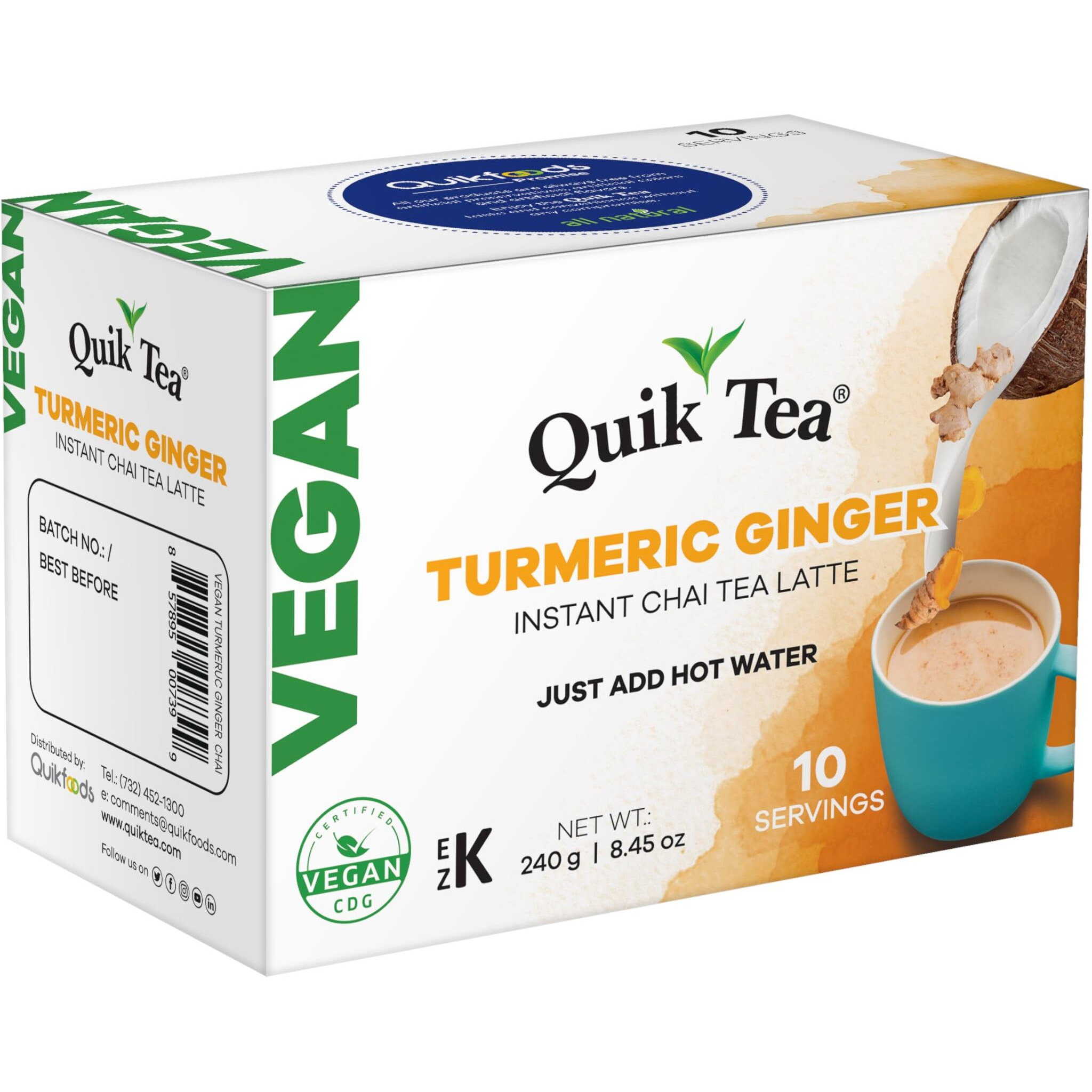 Quiktea Vegan Turmeric Ginger Chai Tea Latte Mix - 10 Count Single Box - All Natural, Non Gmo, Vegan Certified | Convenient & Easy Dairy Free Instant Chai Tea Mix | Healthy Coffee Alternative
