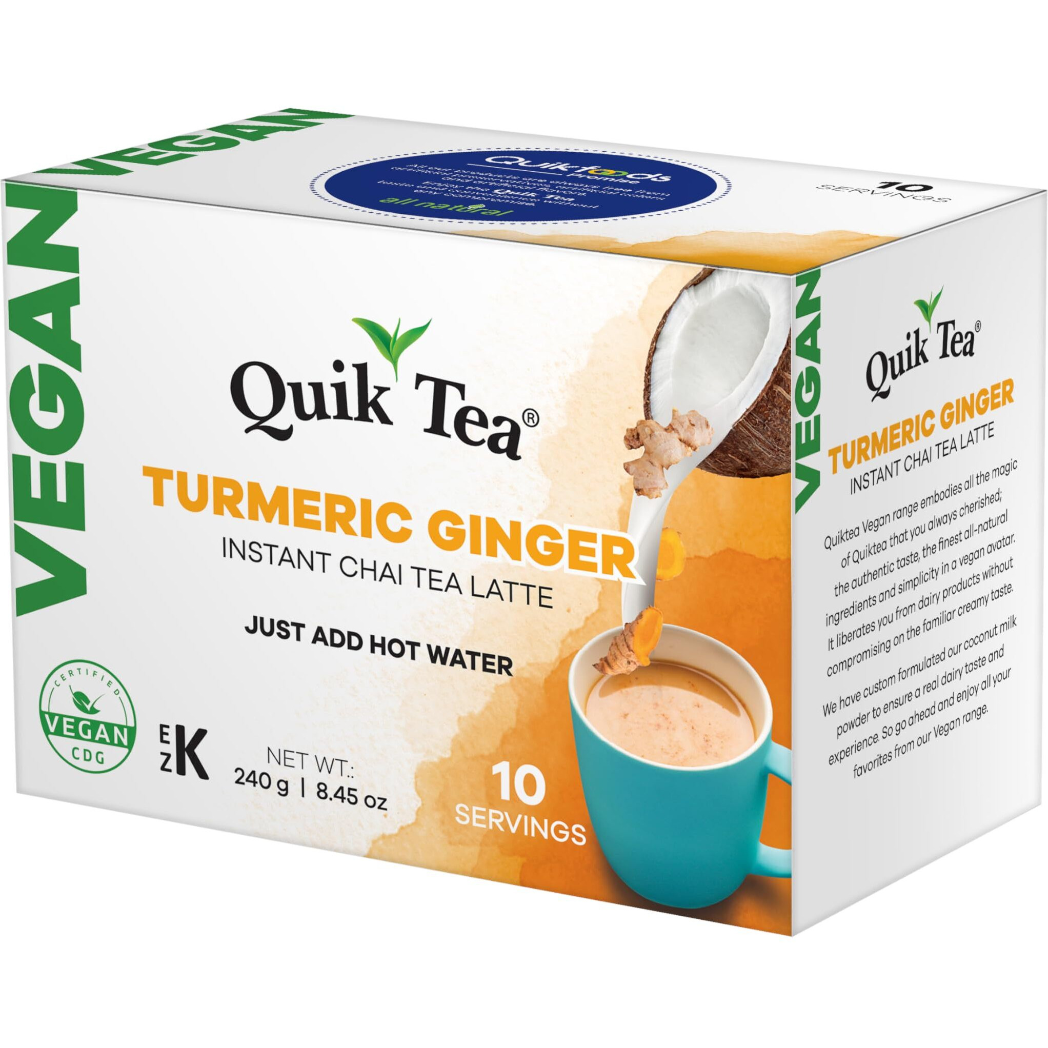 Quiktea Vegan Turmeric Ginger Chai Tea Latte Mix - 10 Count Single Box - All Natural, Non Gmo, Vegan Certified | Convenient & Easy Dairy Free Instant Chai Tea Mix | Healthy Coffee Alternative