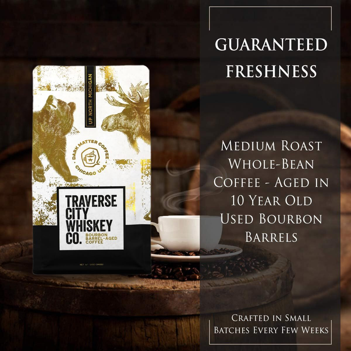 Traverse City Whiskey Co. Barrel Aged Coffee | Stillhouse Blend Aged In 10 Year Old Bourbon Barrels | Medium Roasted Beans For A Bold And Smooth Taste | 12Oz