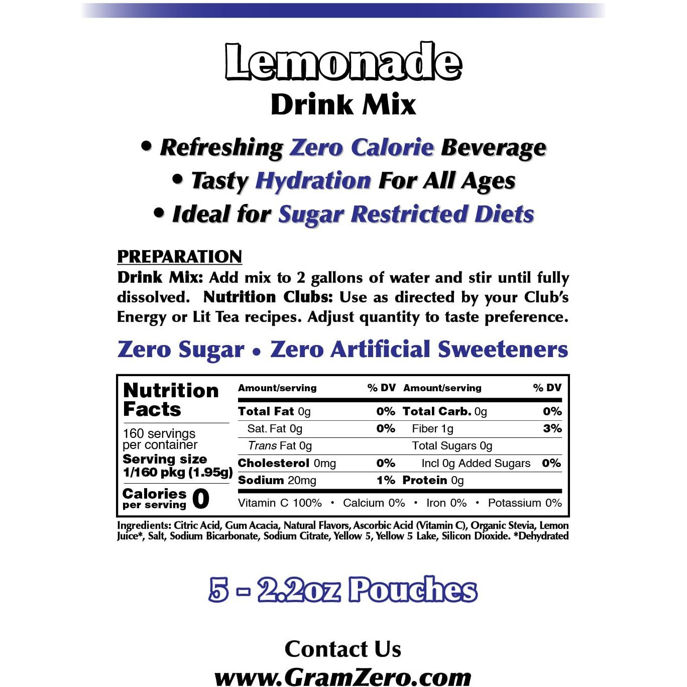 Gramzero Lemonade Sugar Free Drink Mix Sports Pack, Great For Nutrition Club Loaded Teas, Zero Calorie, Stevia Sweetened