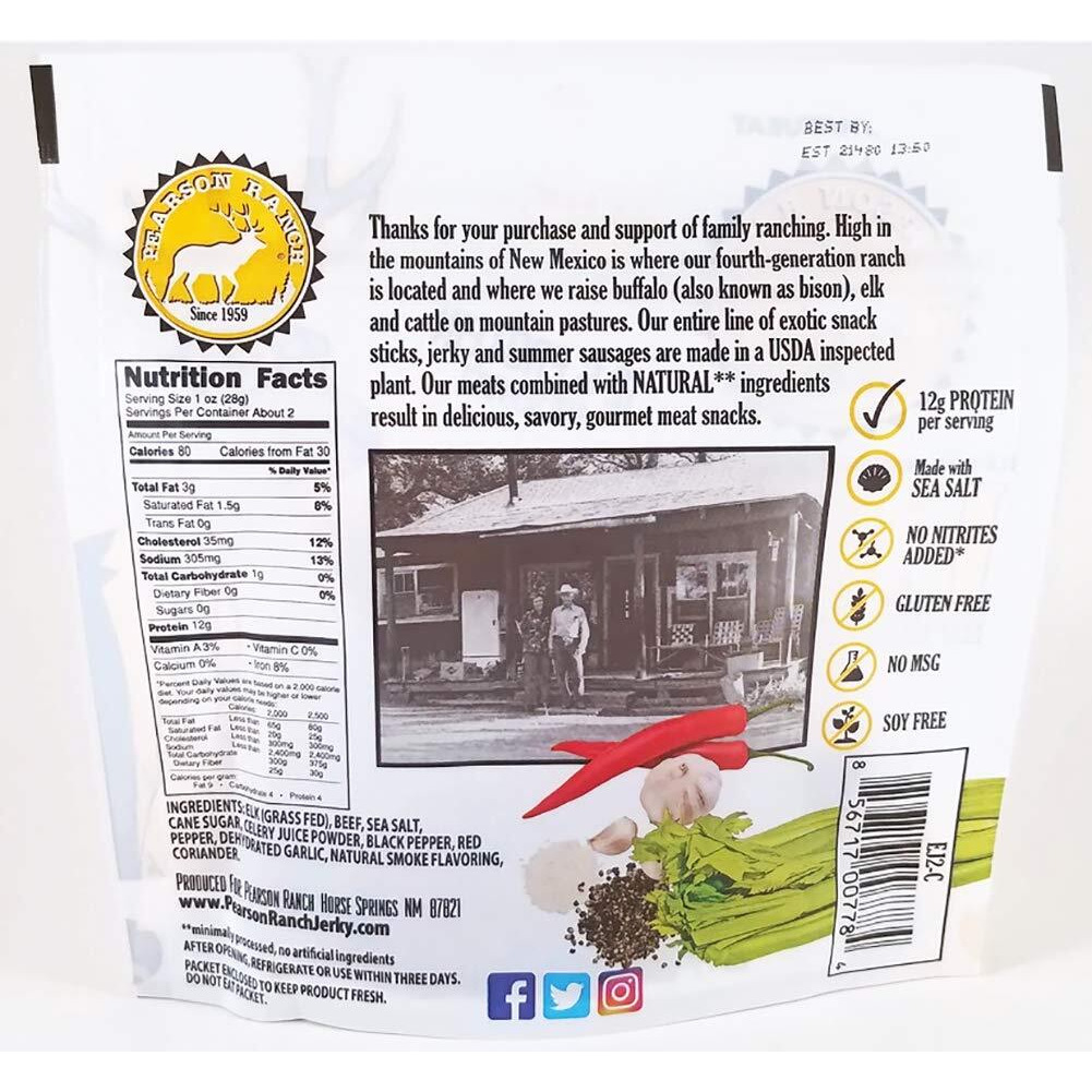 Pearson Ranch Since 1959 Grass Fed Elk Jerky Pack Of 2 Exotic Meat Jerky, Gluten-Free, Low-Carb, Msg-Free, High-Protein Grass-Fed, Paleo And Keto Friendly Jerky