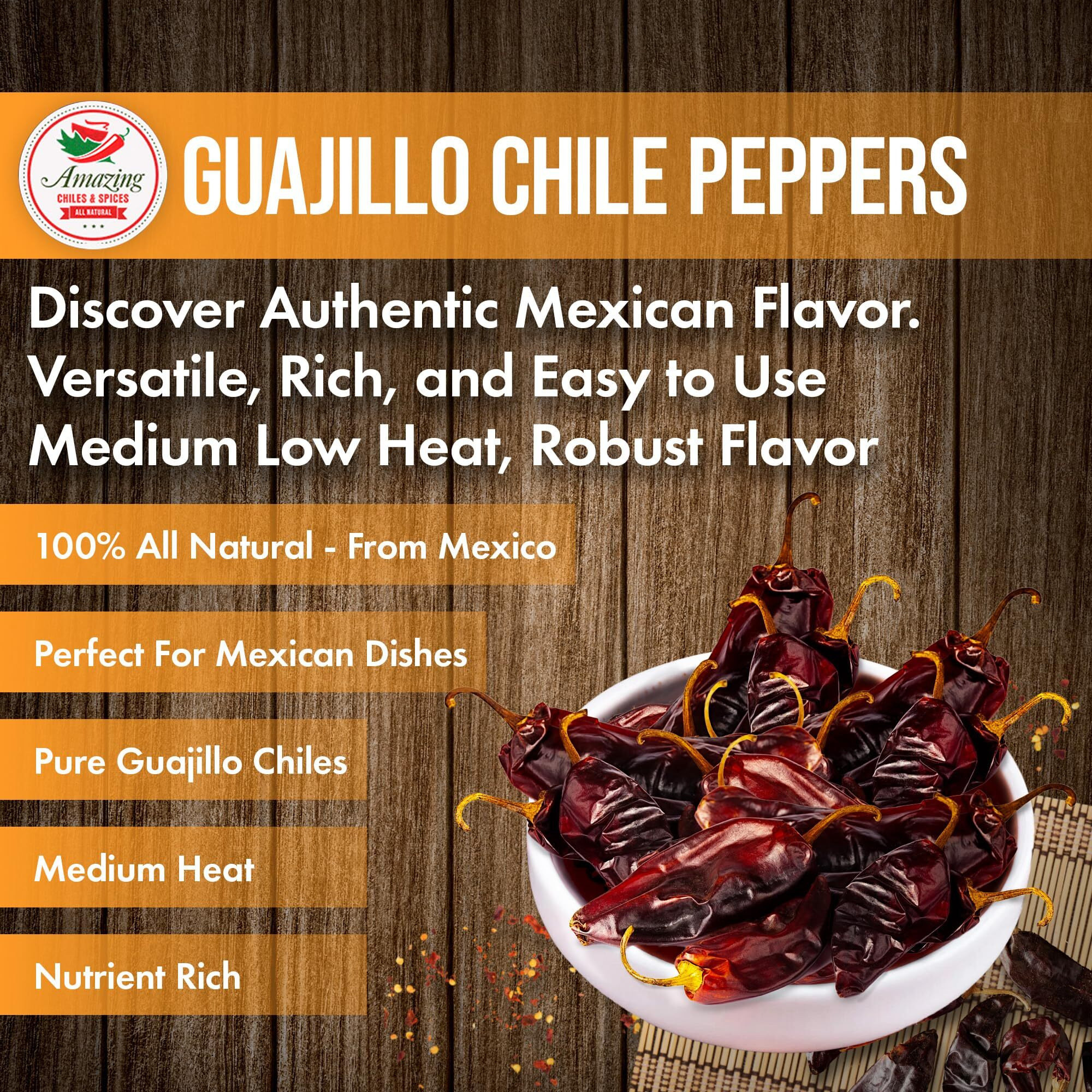 Guajillo Chiles Peppers Dried Whole 8 Oz - Natural And Premium. Great For Mexican Recipes Like Mole, Tamales, Salsa, Meats. Mild To Medium Heat, Complex Fruity Flavor. Resealable Bag