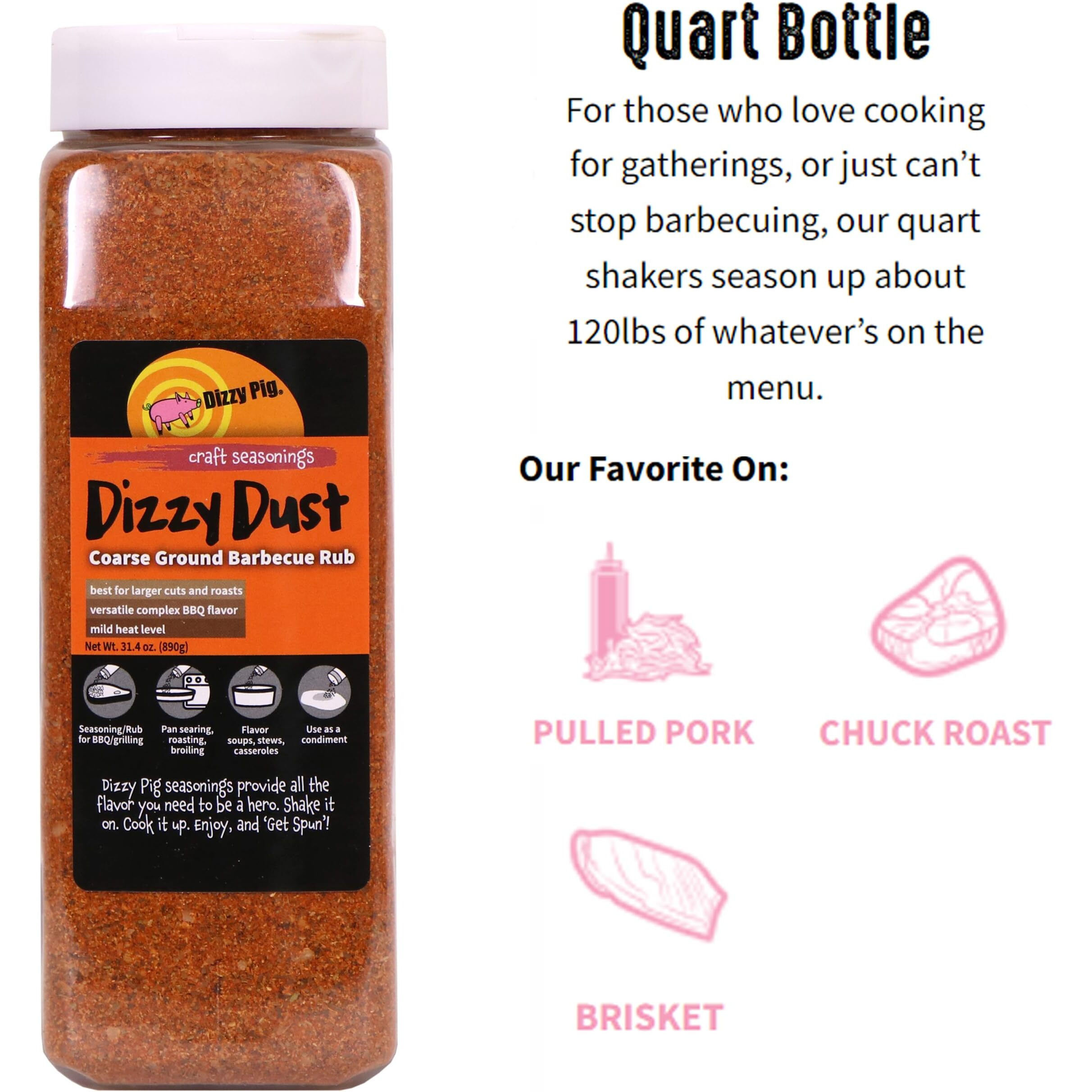 Dizzy Pig Coarse Grind Dizzy Dust All-Purpose Barbecue Seasoning Rub (Quart Shaker) - Seasons Around 120Lbs Of Food - Hand Made In The Usa - Msg Free, Gluten Free
