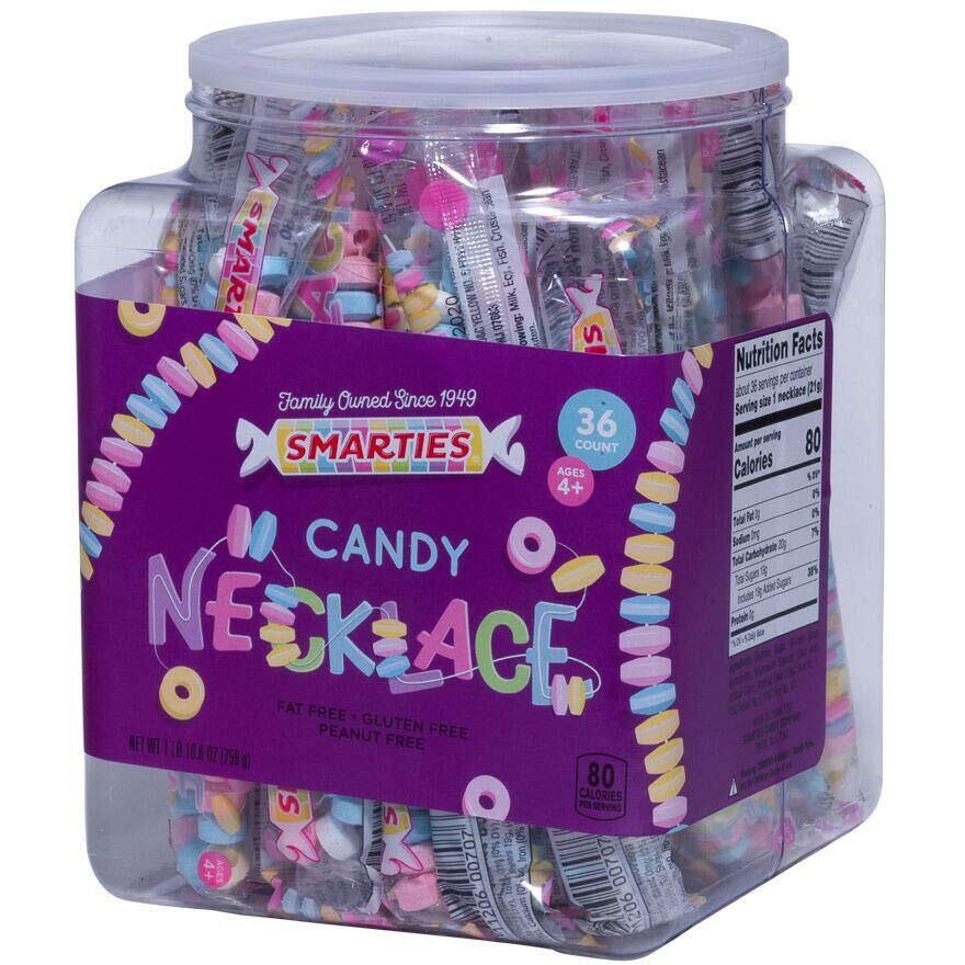 Smarties Candy Necklace Individually Wrapped Gluten Free & Vegan Fruit Flavored Hard Candy Bulk On Stretch String Party Favors Birthdays & Halloween Celebrations 4 Necklaces Per Tub - 36 Count