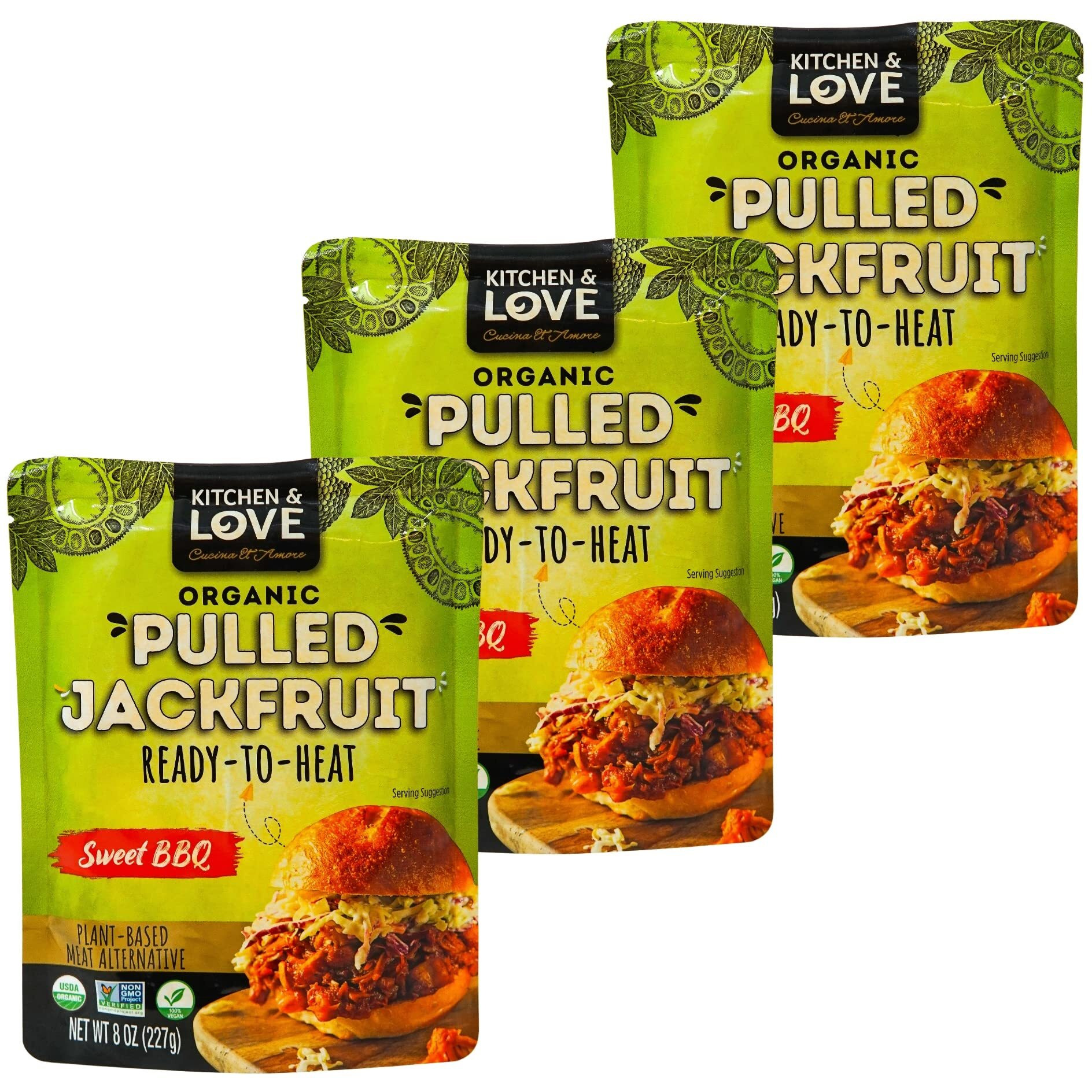 Kitchen And Love, Jackfruit Sweet Bbq, Organic, Fully Cooked, Versatile Plant Based Meat Alternative, Gluten Free, Ready In 90 Seconds, High In Fiber, Non Gmo Verified, Kosher, Vegan, Easy To Prepare Quick Meal 8 Oz (Pack Of 3)