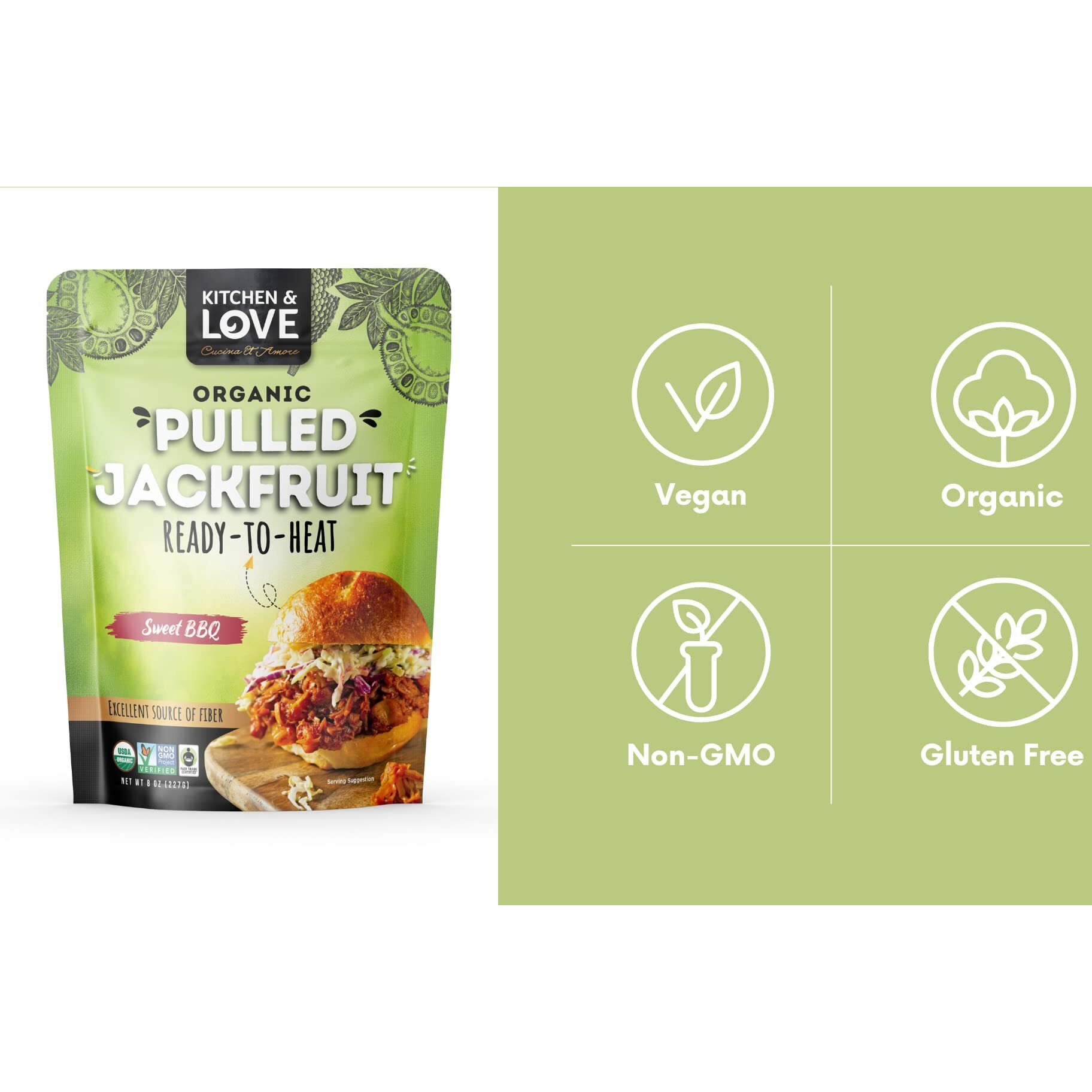 Kitchen And Love, Jackfruit Sweet Bbq, Organic, Fully Cooked, Versatile Plant Based Meat Alternative, Gluten Free, Ready In 90 Seconds, High In Fiber, Non Gmo Verified, Kosher, Vegan, Easy To Prepare Quick Meal 8 Oz (Pack Of 3)