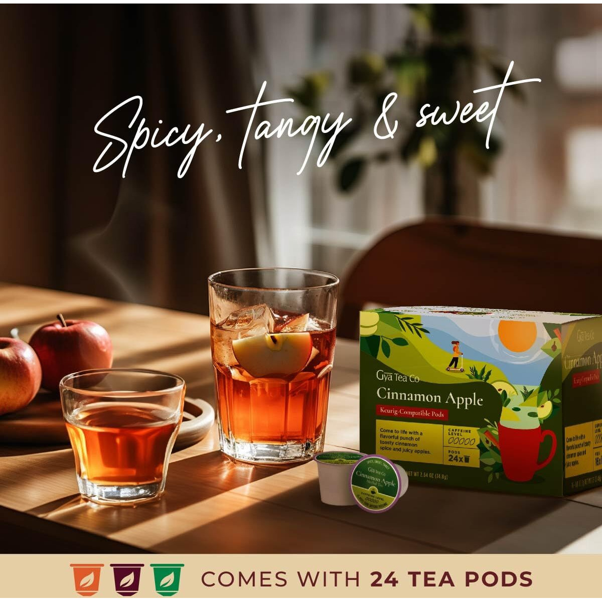 Gya Tea Co Cinnamon Apple Herbal Tea K Cups For Keurig (24 Ct) - Decaf Tea K Cups For Keurig - Start Day With Tea Pods For Keurig - Fruit Tea & Herbal Tea K Cup Tea Pods For Keurig 2.0 & 1.0 Tea Gifts
