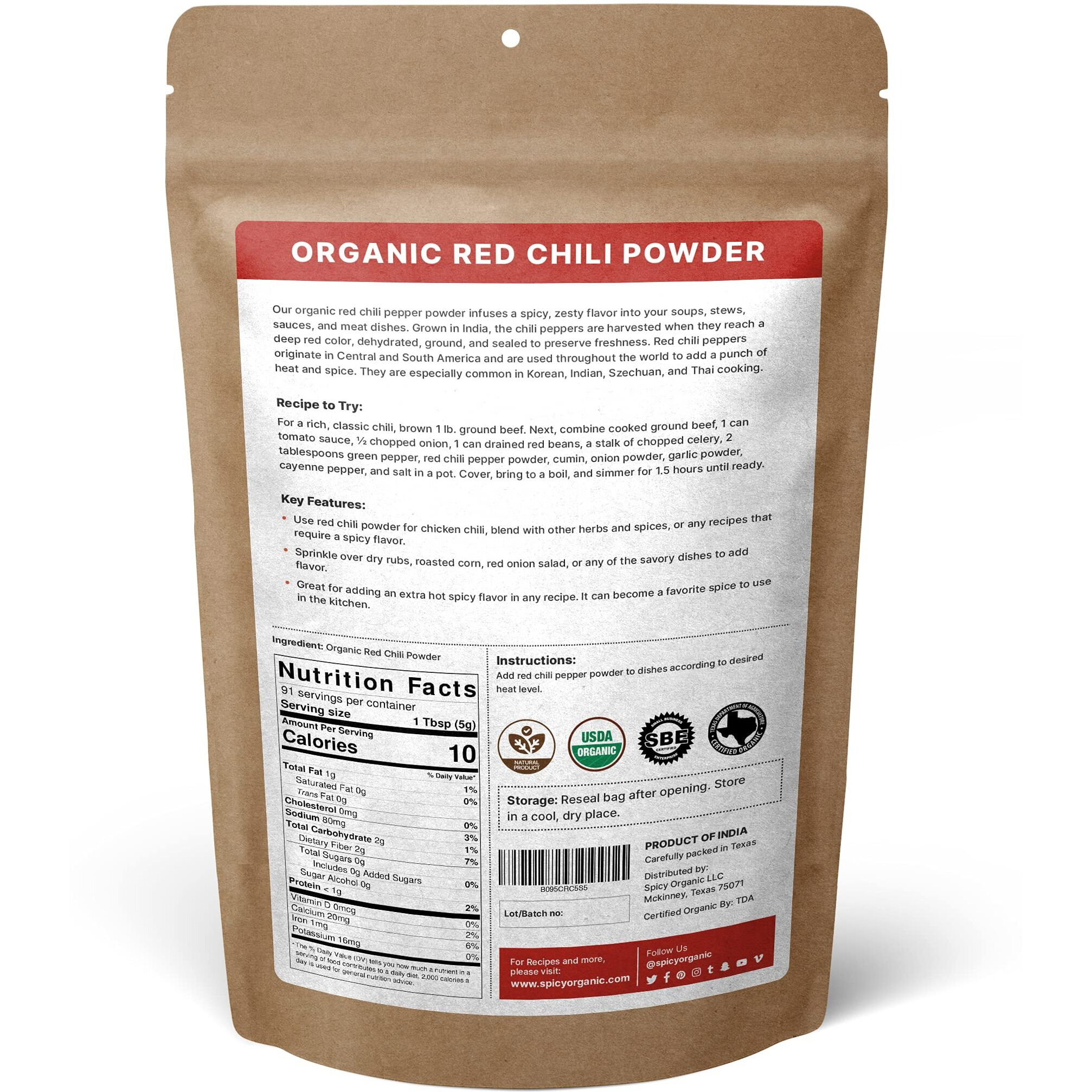 Spicy Organic Red Chili Powder - Usda Certified Organic, Non-Gmo - Perfect For Adding A Smoky, Spicy Flavor To Soups, Stews, Chili, And More. No Added Preservatives And Color - 45 Servings Per Container, 16 Oz (454 Grams)