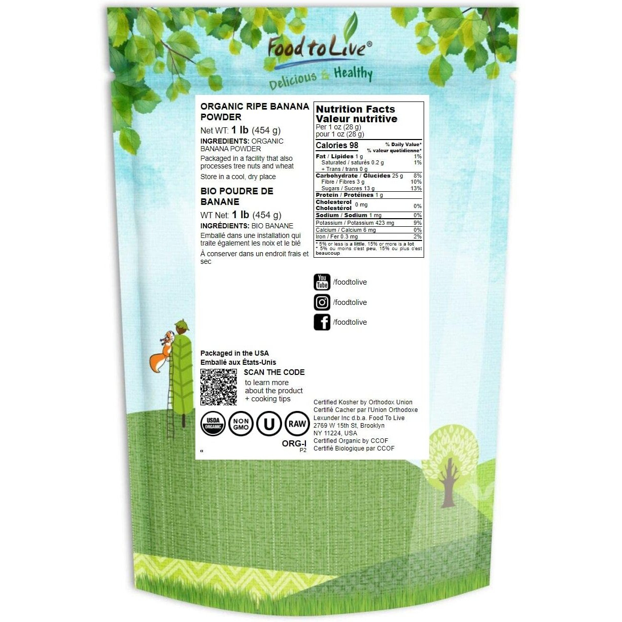 Food To Live Organic Ripe Banana Powder, 1 Pound - Non-Gmo And Raw Whole Fruit Flour, Unsweetened, Unsulfured, Vegan, Kosher, Bulk Dried Platano, Rich In Dietary Fiber, Potassium, And Copper