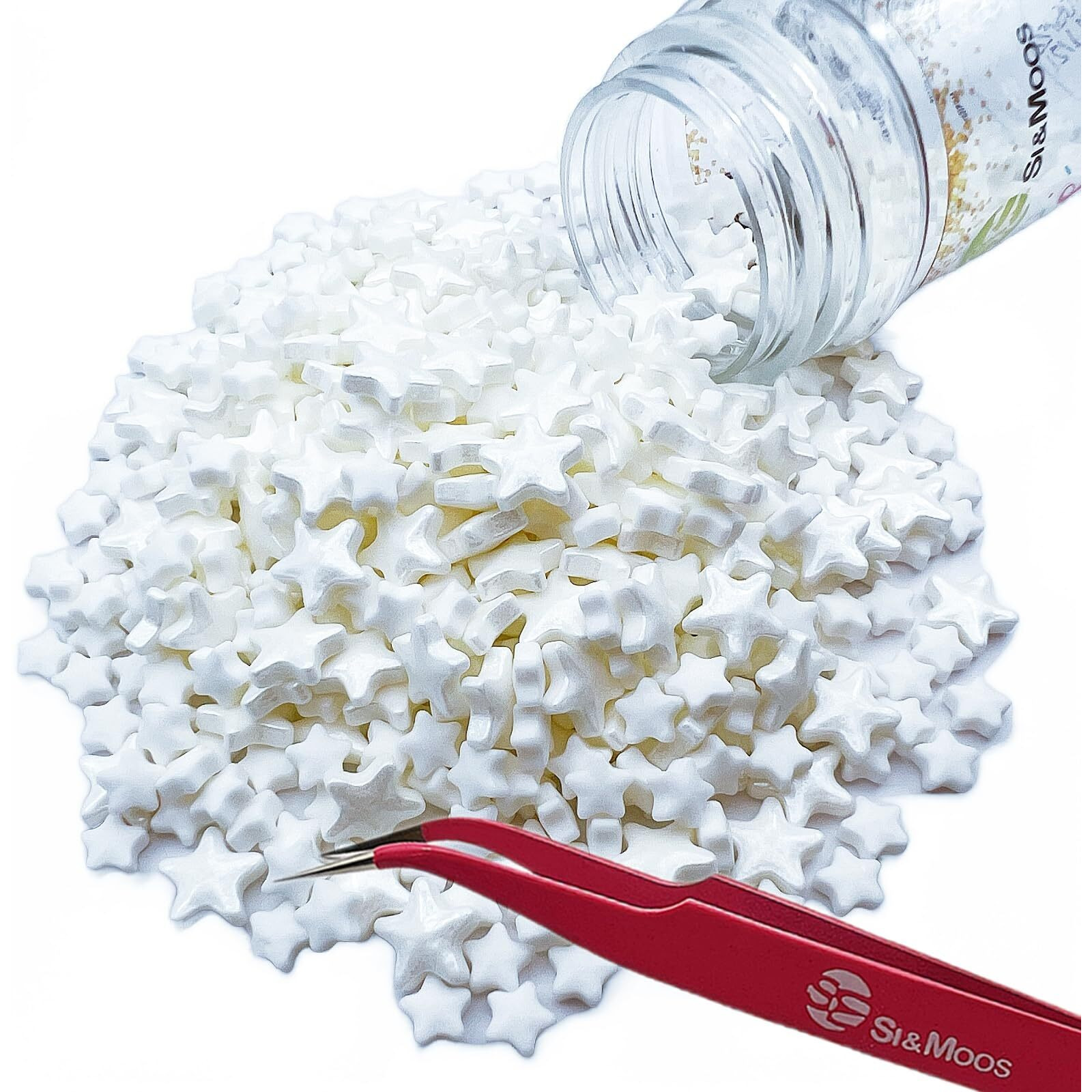 Se Si&Moos White Star Sprinkles Edible White Stars For Cake Decorating Star Icing Decorations Edible Stars Large And Small Edible Cake Decorations White Sprinkles For Cake,Cupcakes 3 Oz With Tweezers