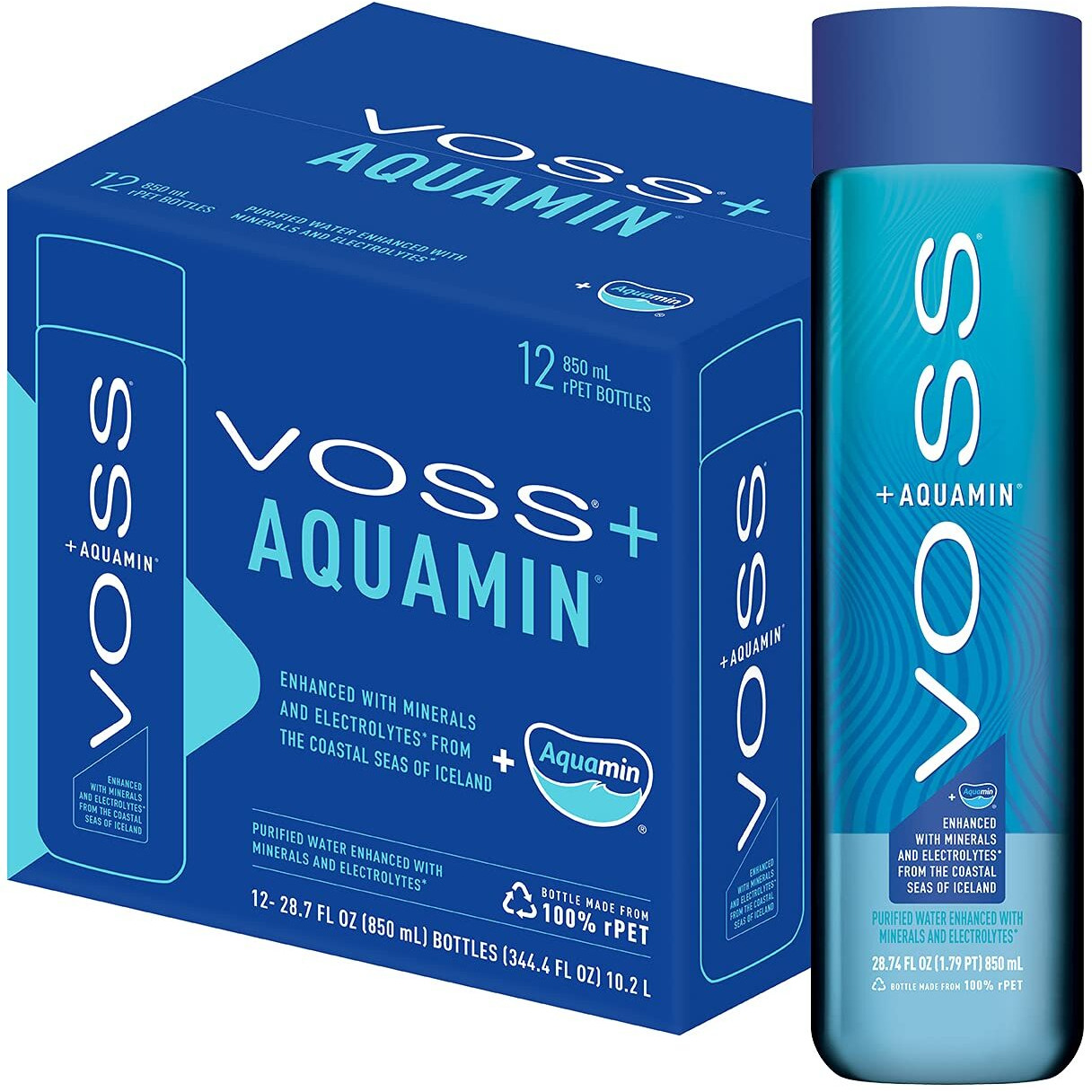 Voss+ Aquamin Enhanced Water - Pack Of 12 Bottles, 850Ml Each - Purified Hydrating Water - 74 Trace Minerals & Electrolytes - Perfect For Active Lifestyles, At The Gym & On Hot Days - Recycled Pet Bottle