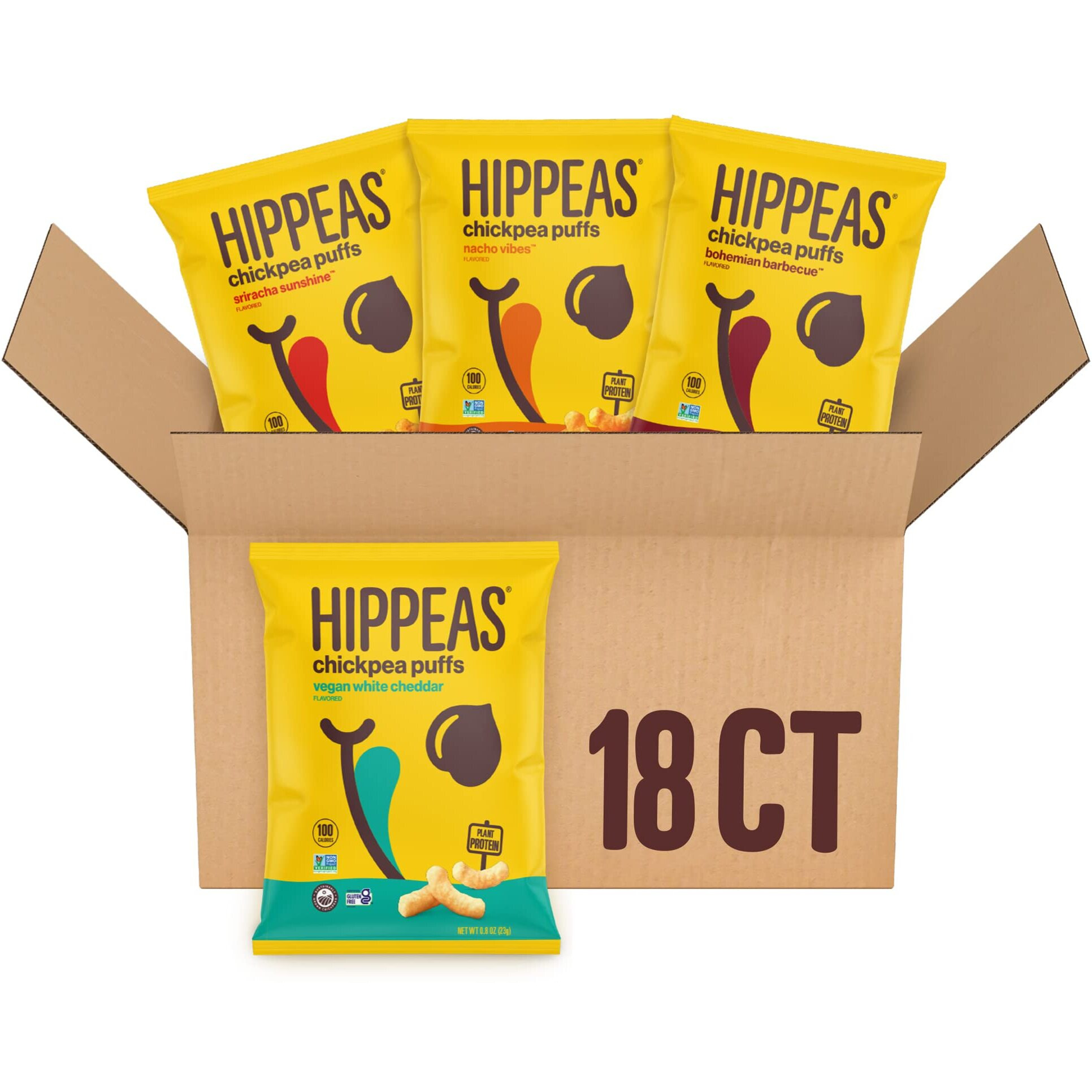 Hippeas Chickpea Puffs, Variety Pack Vegan White Cheddar, Nacho Vibes, Barbecue, Sriracha, 0.8 Ounce (Pack Of 18), 3G Protein, 2G Fiber, Vegan, Gluten-Free, Crunchy, Plant Protein Snacks