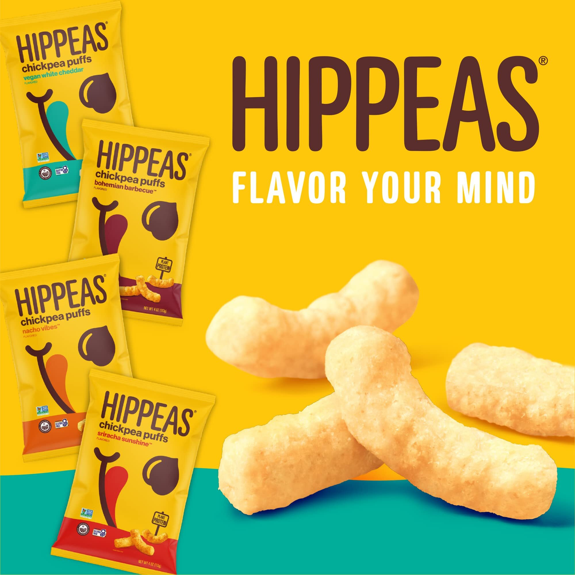 Hippeas Chickpea Puffs, Variety Pack Vegan White Cheddar, Nacho Vibes, Barbecue, Sriracha, 0.8 Ounce (Pack Of 18), 3G Protein, 2G Fiber, Vegan, Gluten-Free, Crunchy, Plant Protein Snacks