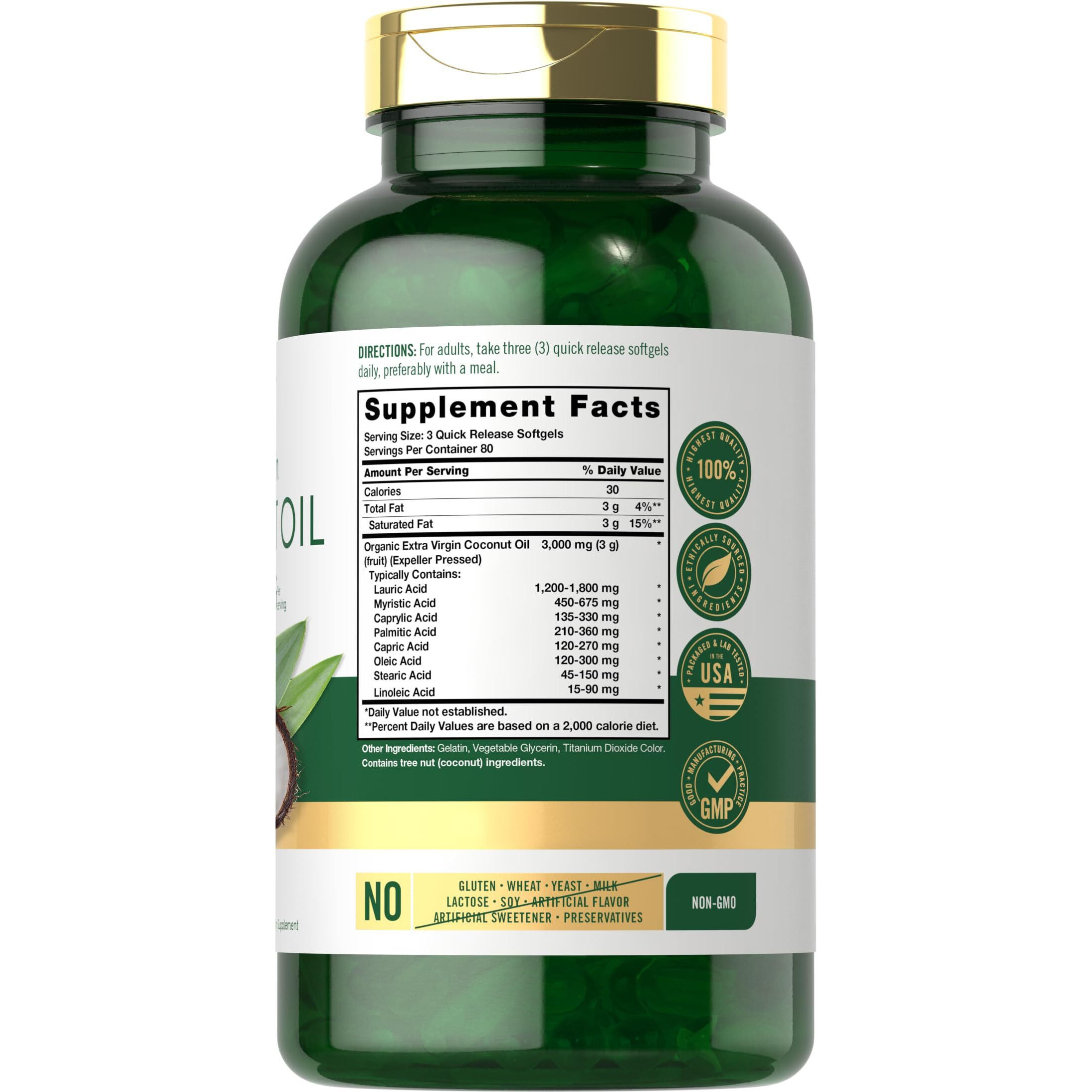 Carlyle Coconut Oil Extra Virgin Softgel Capsules | 3000Mg | 240 Count | Naturally Occurring Mcts | Non-Gmo And Gluten Free Supplement