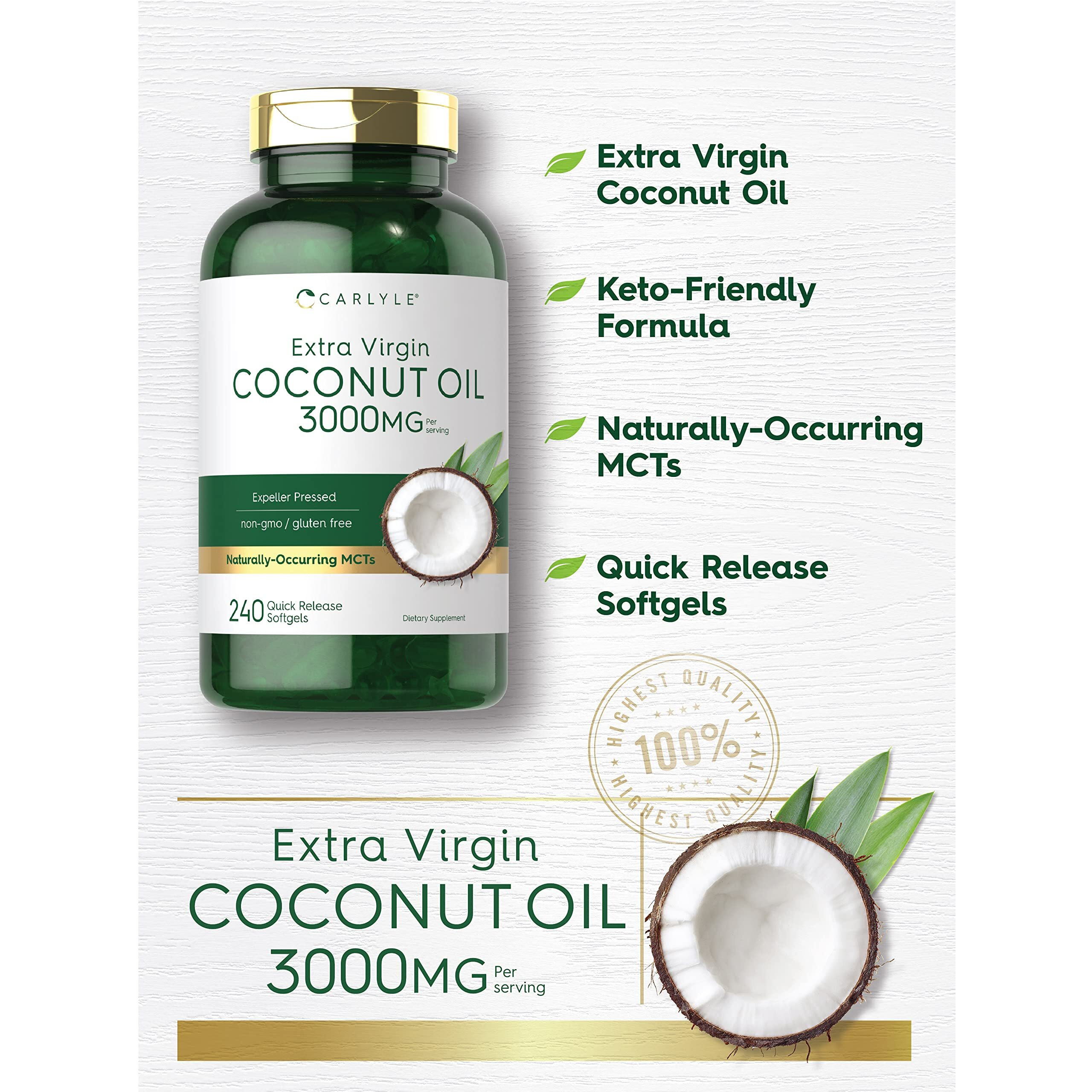 Carlyle Coconut Oil Extra Virgin Softgel Capsules | 3000Mg | 240 Count | Naturally Occurring Mcts | Non-Gmo And Gluten Free Supplement