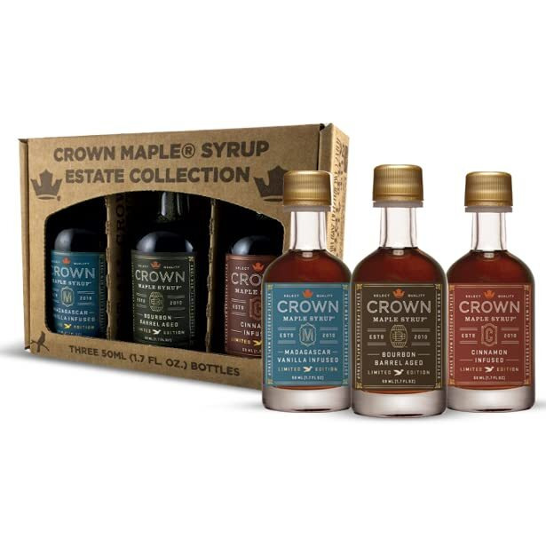 Crown Maple Artisan Trio Collection In Petite 50Ml (1.7 Fl. Oz.) Window Box Featuring Bourbon Barrel Aged, Madagascar Vanilla Infused, And Cinnamon Infused Organic Maple Syrup