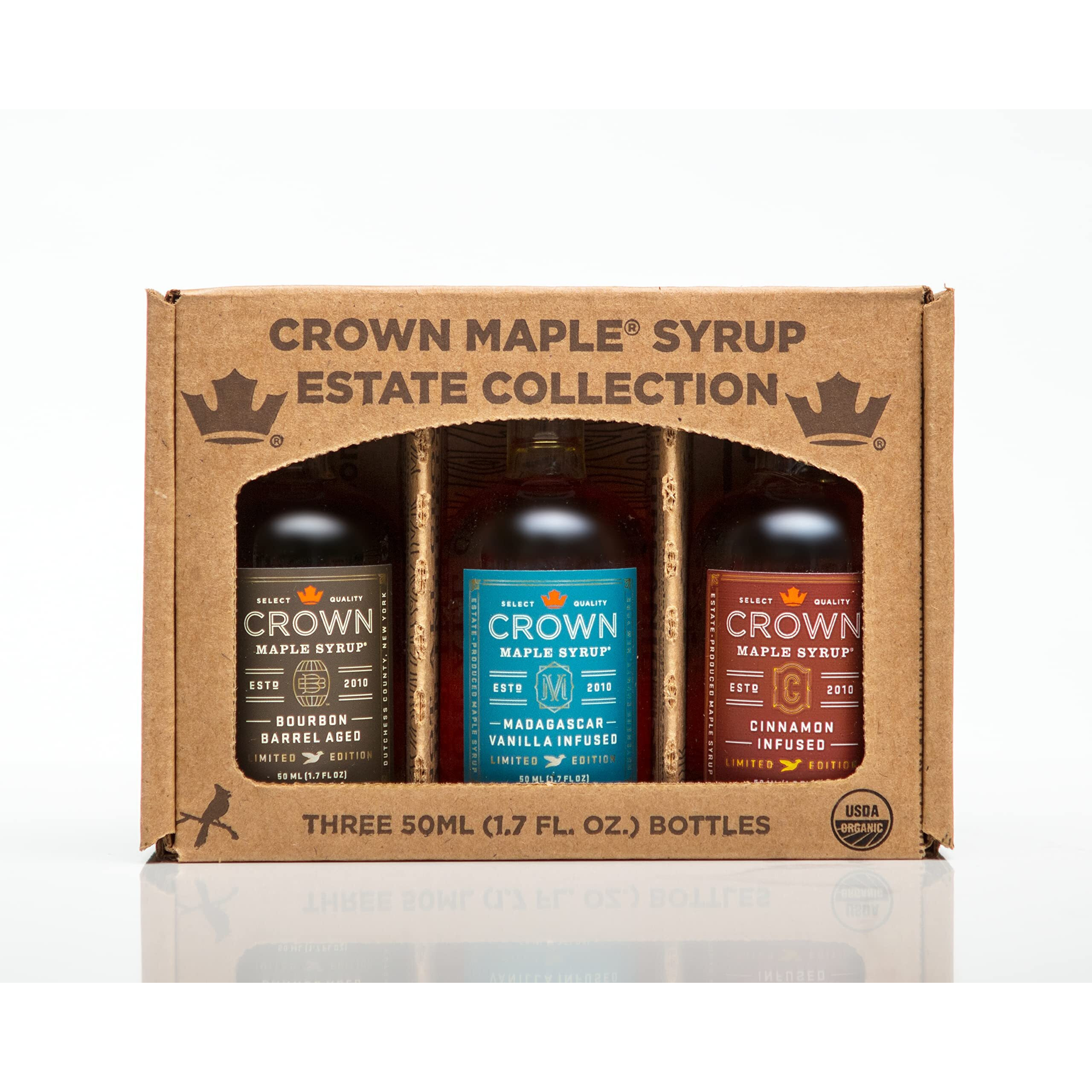 Crown Maple Artisan Trio Collection In Petite 50Ml (1.7 Fl. Oz.) Window Box Featuring Bourbon Barrel Aged, Madagascar Vanilla Infused, And Cinnamon Infused Organic Maple Syrup