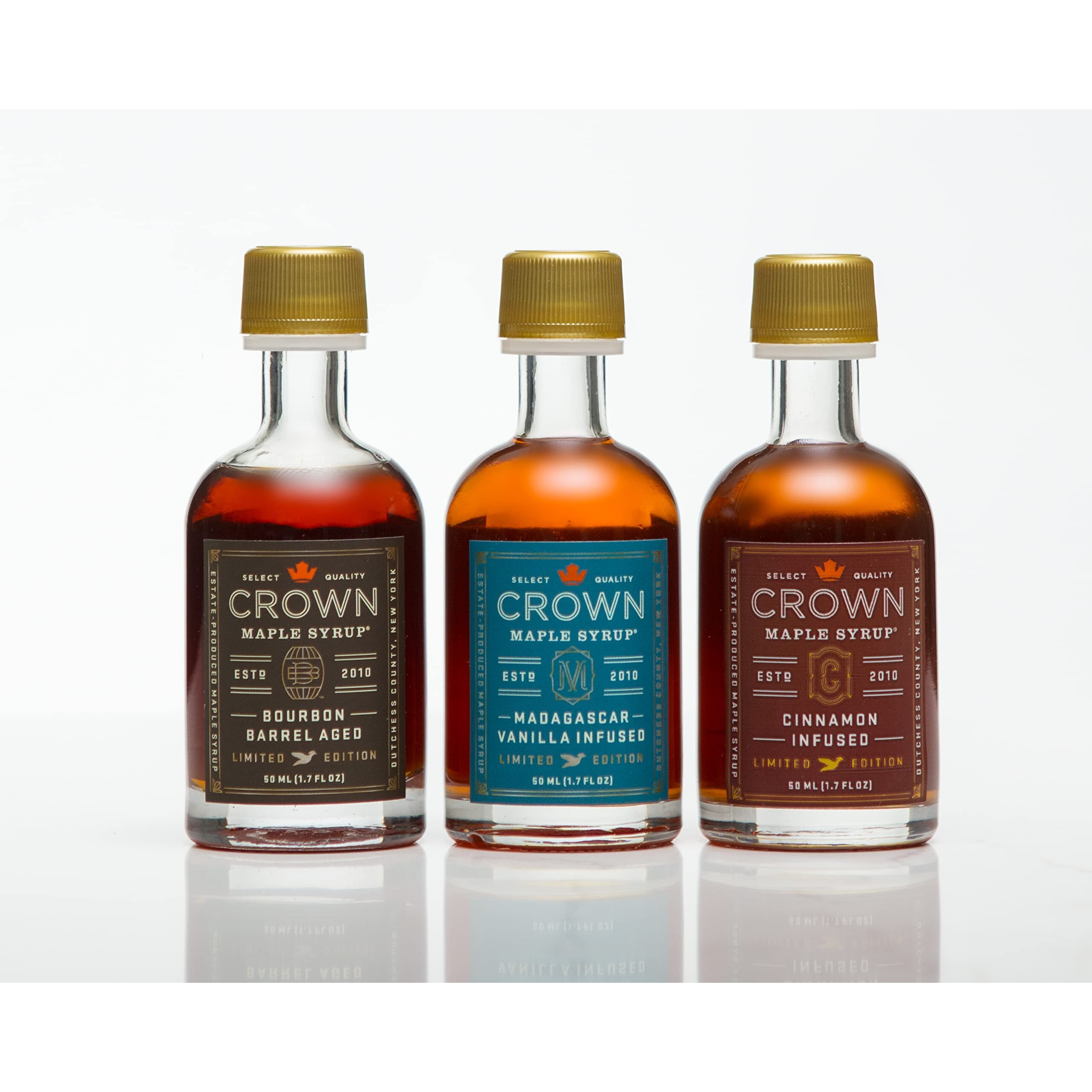 Crown Maple Artisan Trio Collection In Petite 50Ml (1.7 Fl. Oz.) Window Box Featuring Bourbon Barrel Aged, Madagascar Vanilla Infused, And Cinnamon Infused Organic Maple Syrup
