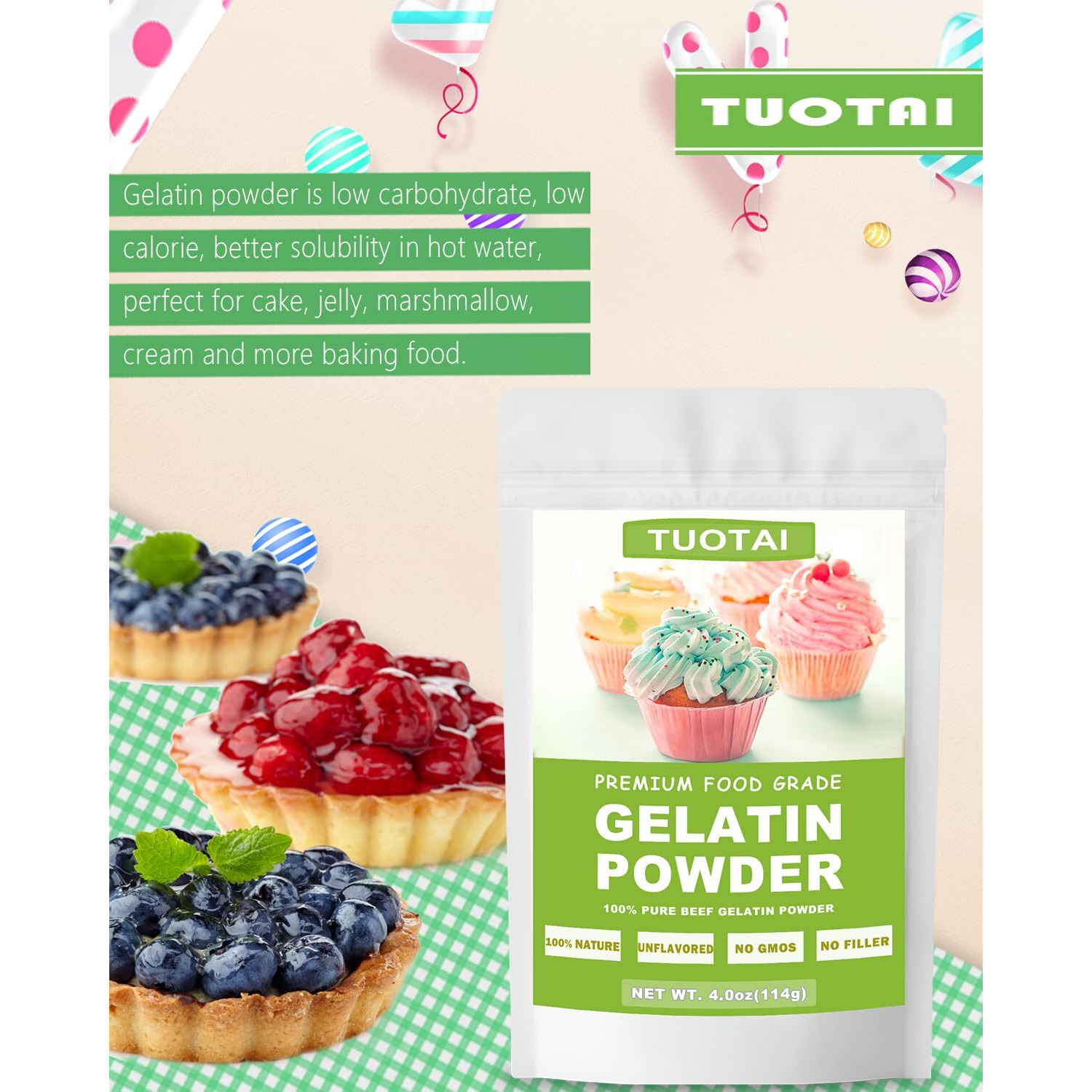 Unflavored Gelatin Powder, 4 Ounces, Food Grade Gelatin Powder For Cake, Jelly, Marshmallow And Baking Food