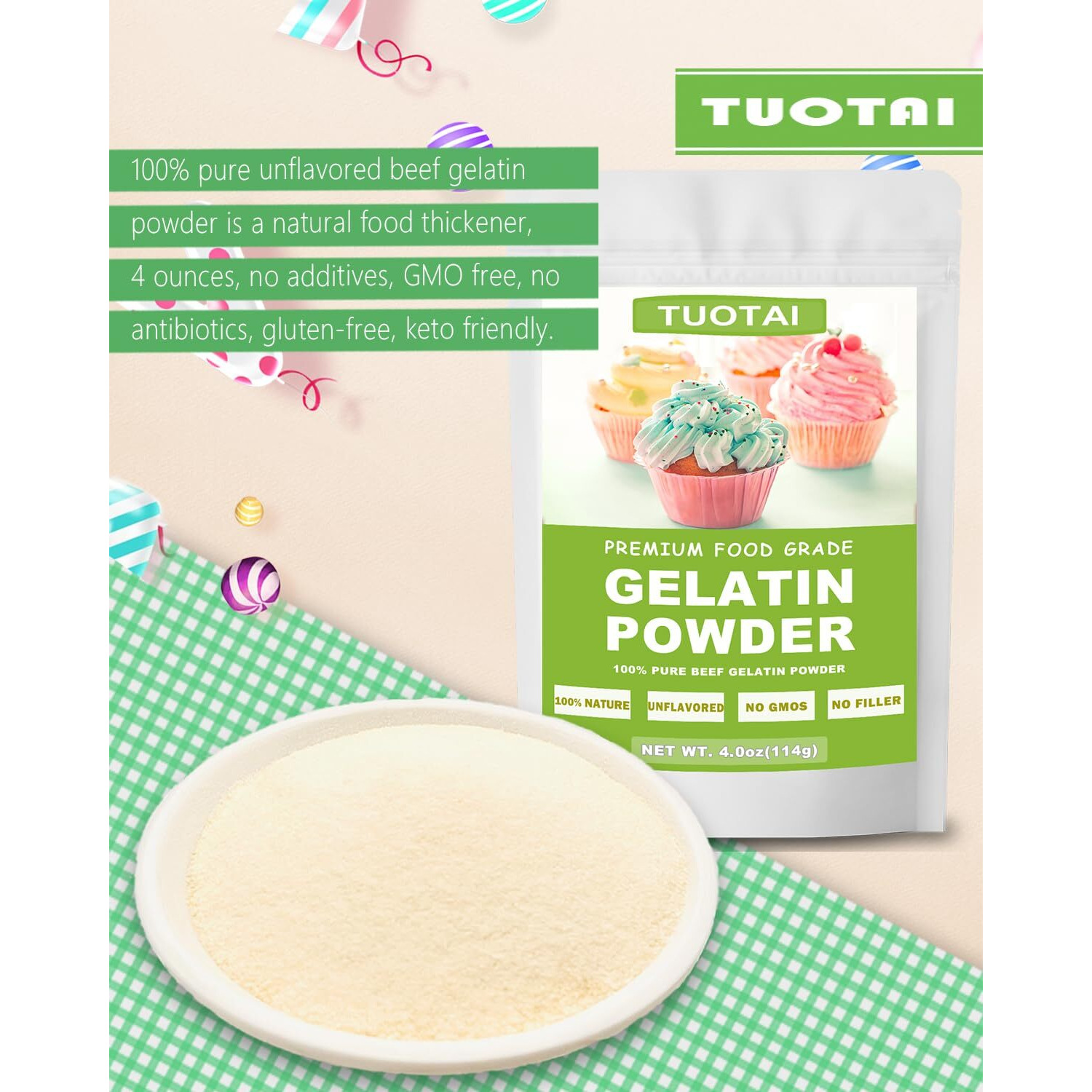 Unflavored Gelatin Powder, 4 Ounces, Food Grade Gelatin Powder For Cake, Jelly, Marshmallow And Baking Food