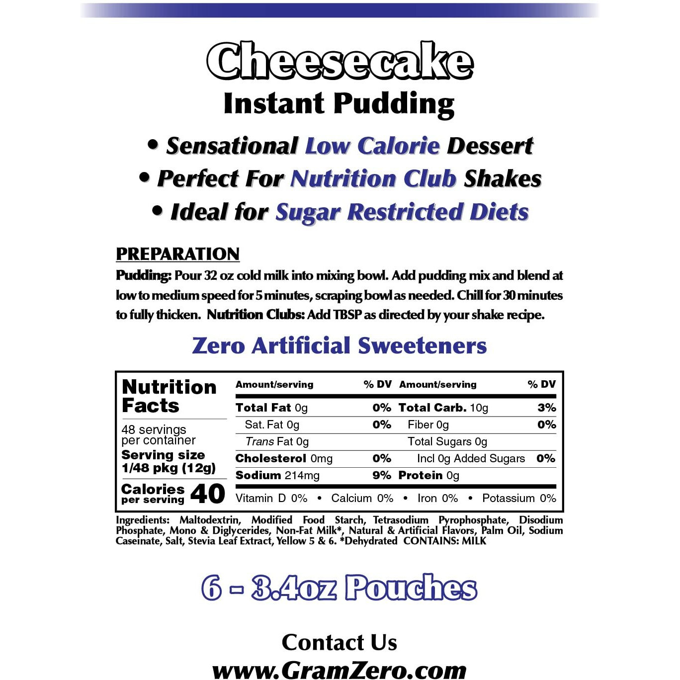Gramzero Cheesecake Sugar Free Pudding Mix 6-Pack, Great For Nutrition Club Meal Replacement Shakes, Low Calorie Dessert, Stevia Sweetened