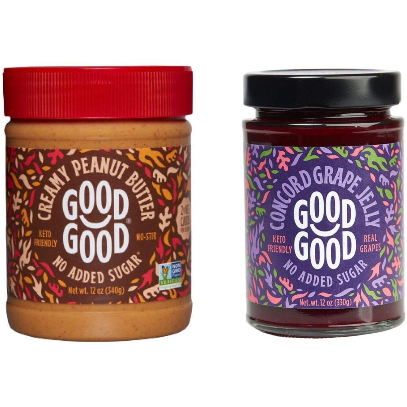 Good Good Sweet Concord Grape Jelly & Creamy Peanut Butter - Keto Friendly - Low Carb & No Added Sugars - Vegan - Gluten Free - Preserves