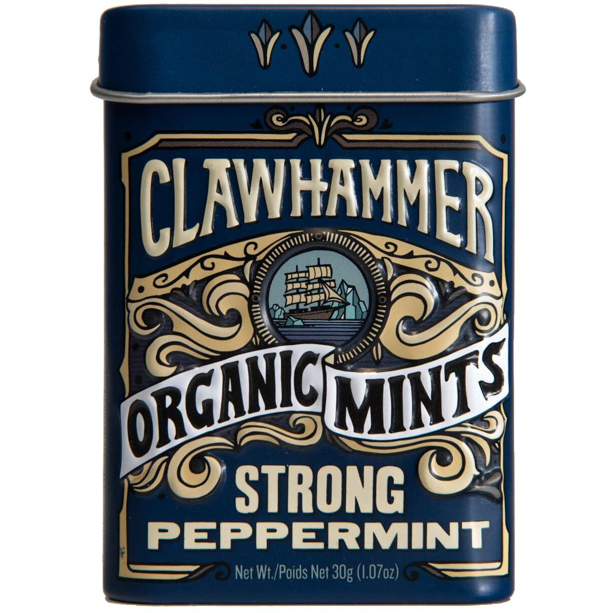 Clawhammer Organic Mints Strong Peppermint | Organic Cane Sugar, Natural Flavors, No Artificial Colors Or Sweeteners | Kosher Certified, Vegan, Gluten Free | Aspartame & Xylitol Free | 30 Count Tin (Pack Of 12)