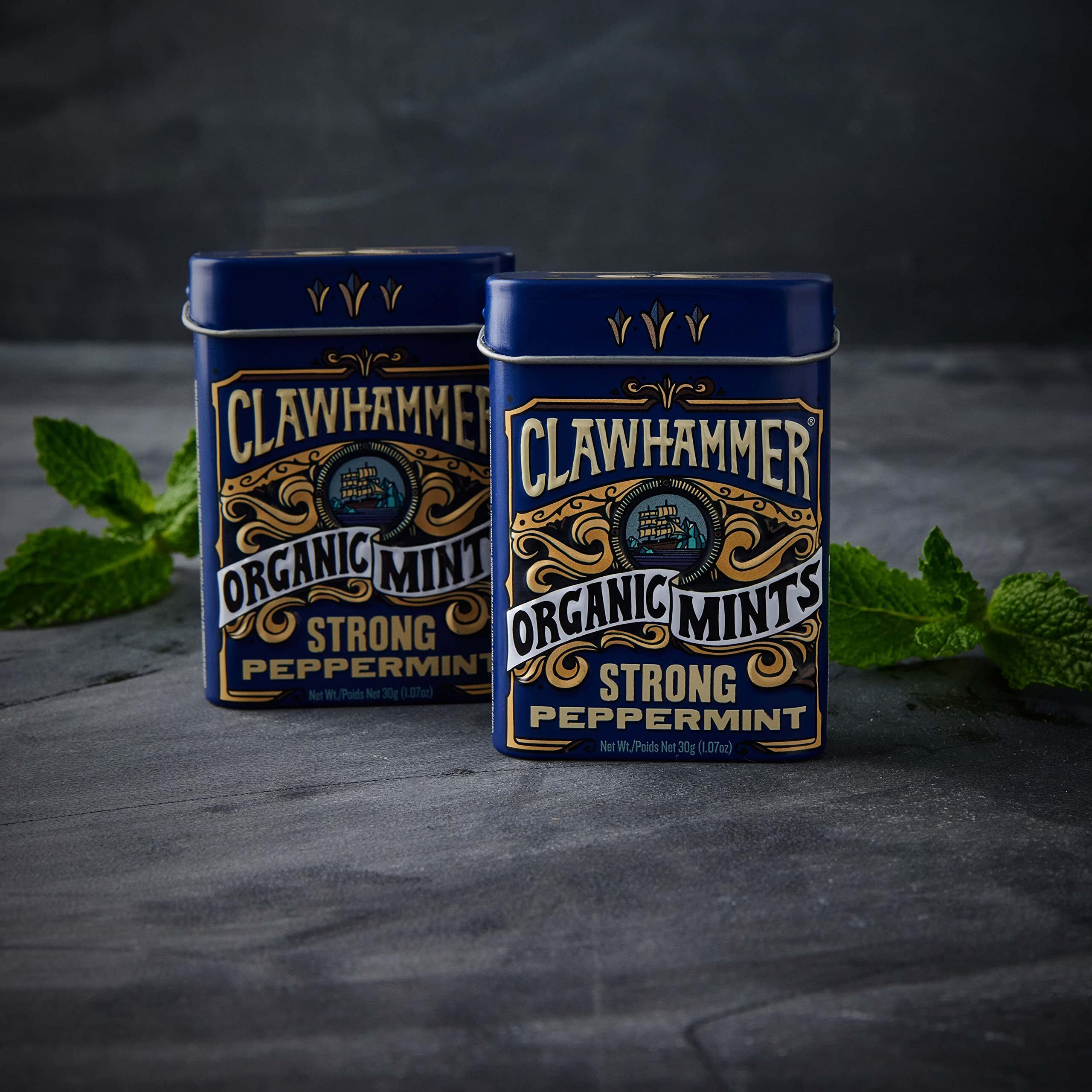 Clawhammer Organic Mints Strong Peppermint | Organic Cane Sugar, Natural Flavors, No Artificial Colors Or Sweeteners | Kosher Certified, Vegan, Gluten Free | Aspartame & Xylitol Free | 30 Count Tin (Pack Of 12)