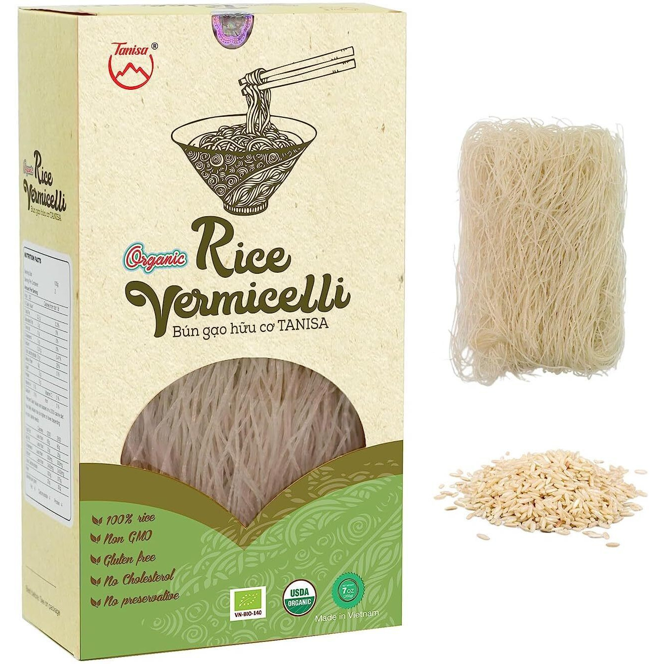 Tanisa Organic Vermicelli Rice Noodles, Whole Foods, Gluten Free Ramen Noodles, Vietnamese Rice Noodles For Asian Food, Healthy Vegan Vermicelli Noodles (Organic White, 1 Pack)