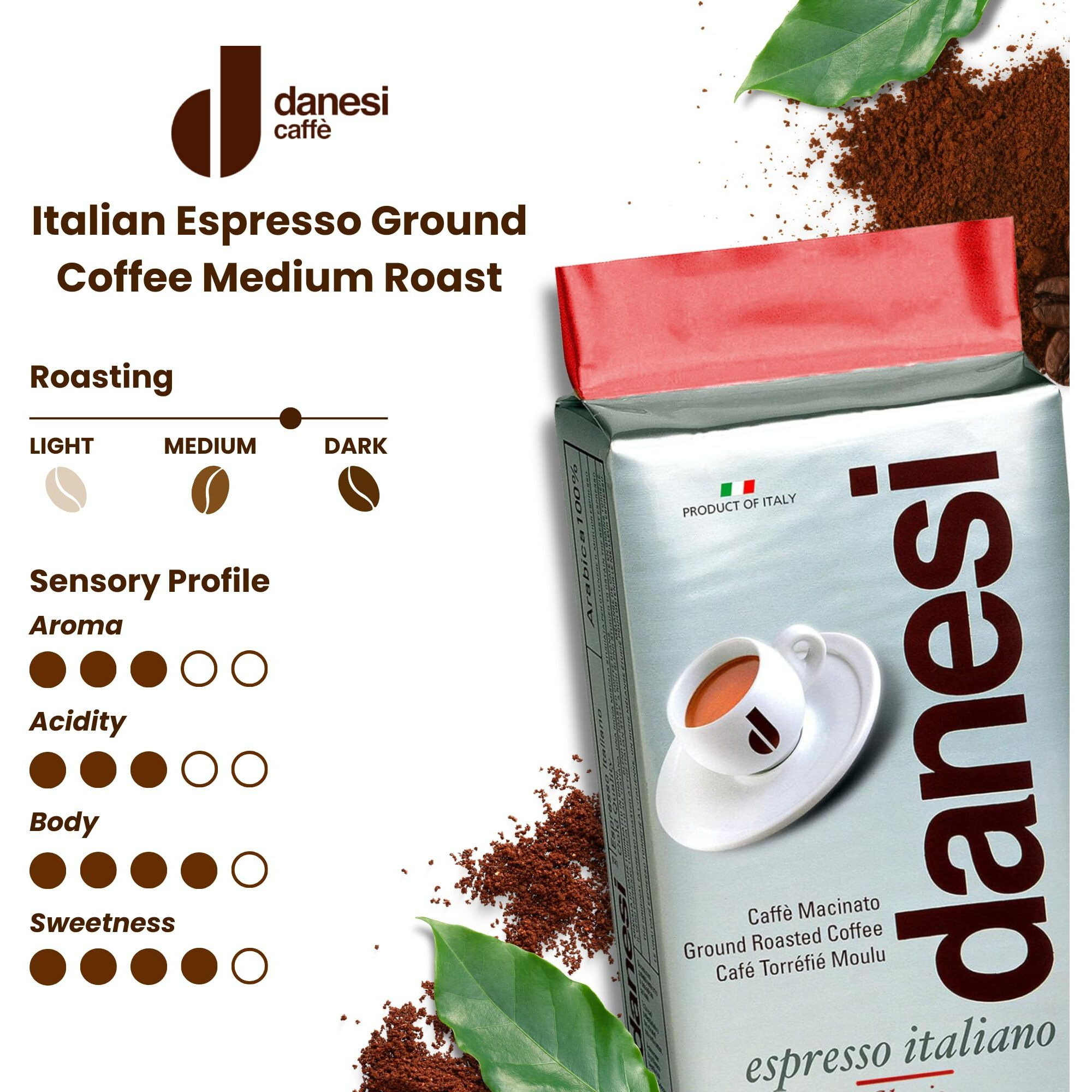 Danesi Caffe Italian Espresso - Ground Coffee Medium Roast - Espresso Coffee Ground, Medium Roast Ground Coffee - Ground Espresso Coffee Grounds - Best Ground Ground Coffee Fine - Classic (8.75Oz)