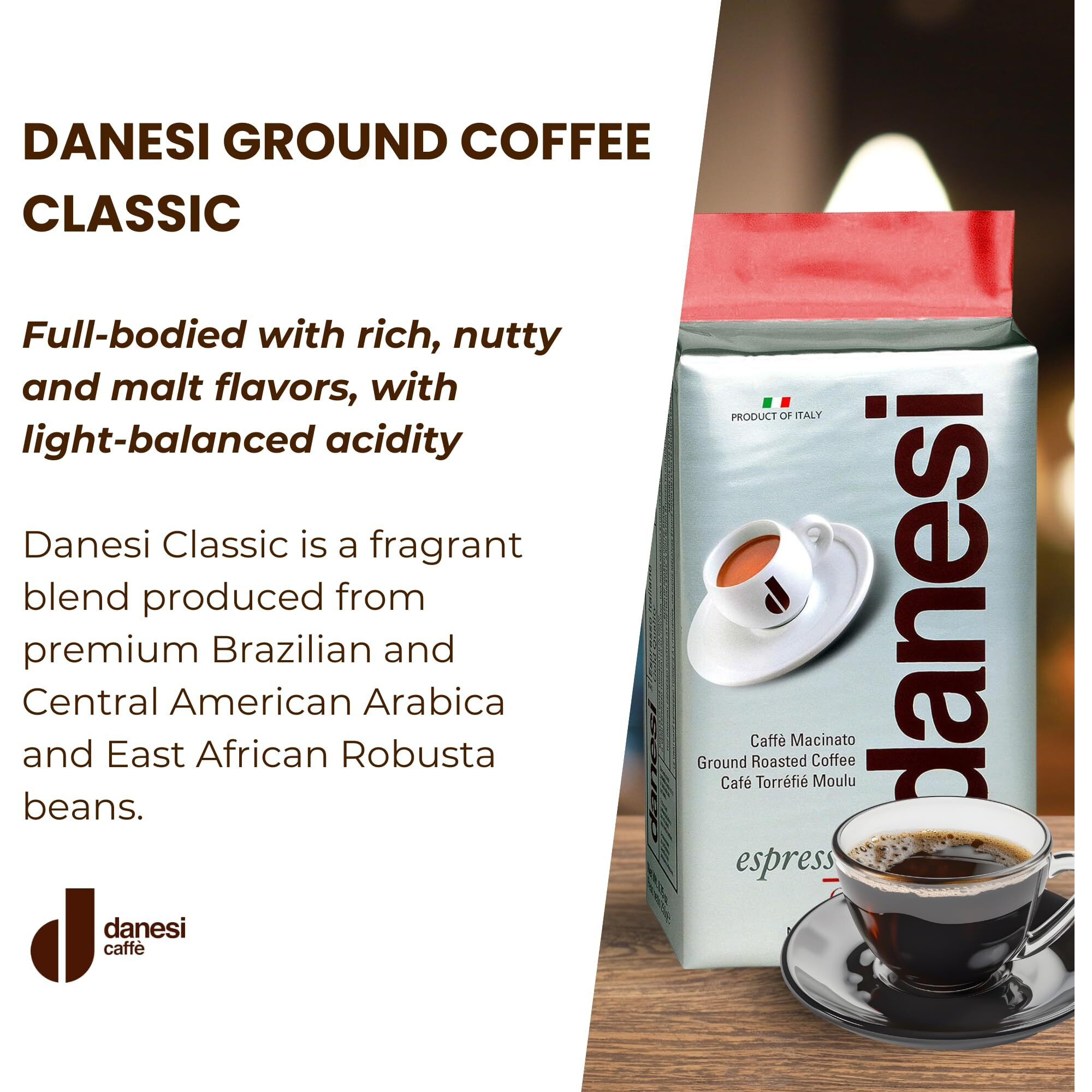 Danesi Caffe Italian Espresso - Ground Coffee Medium Roast - Espresso Coffee Ground, Medium Roast Ground Coffee - Ground Espresso Coffee Grounds - Best Ground Ground Coffee Fine - Classic (8.75Oz)