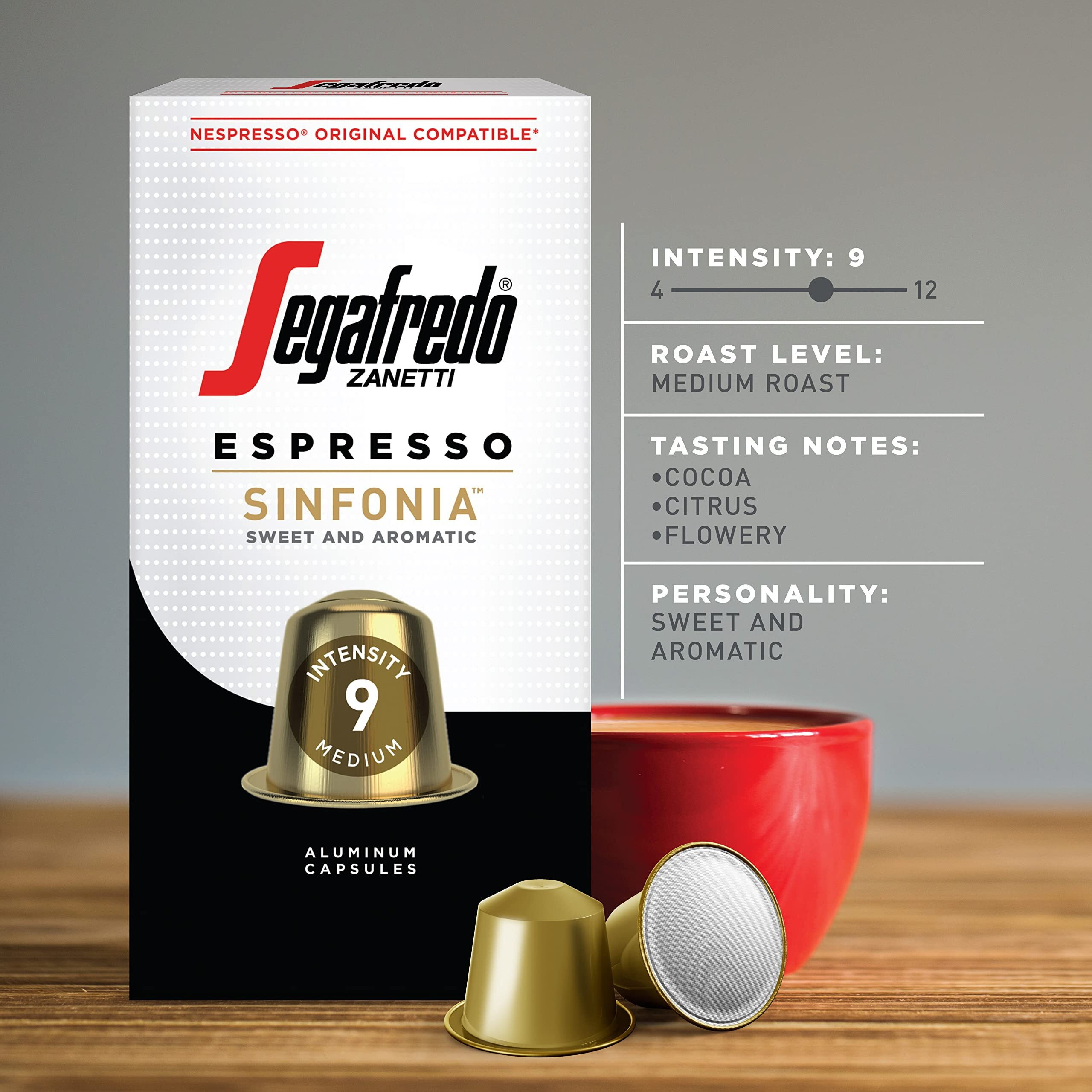 Segafredo Zanetti Sinfonia Espresso Capsules, Medium Roast, Intensity 9, Compatible With Nespresso Original Machines, 10 Count Aluminum Pods