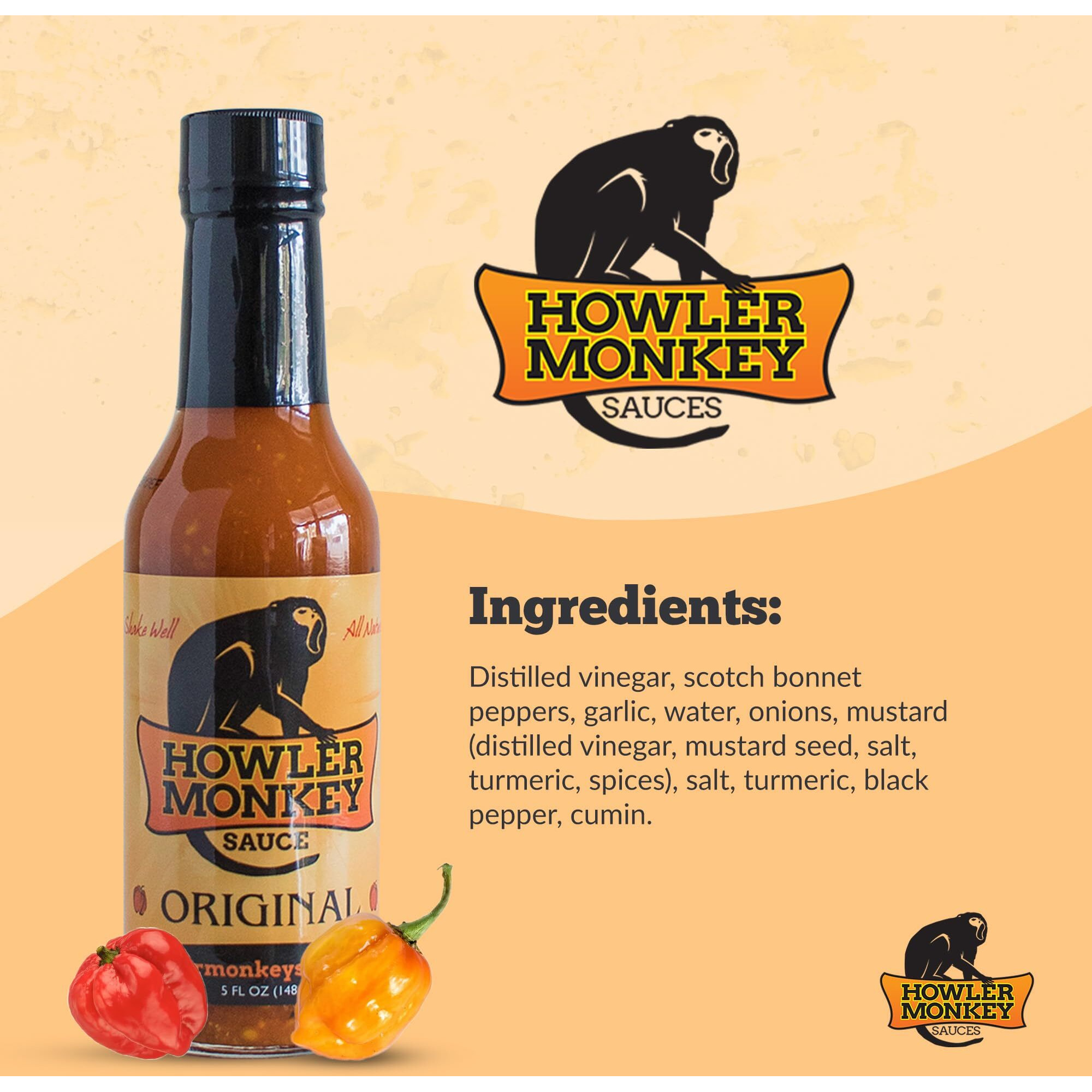 Howler Monkey Sauce Original - Panamanian Style Hot Sauce By Aji Chombo Peppers From The Caribbean - Gluten-Free, No Carbs, Low Sodium - Spice Up Any Dish, Soups, Or Marinades - 1-Pack 5Oz Bottle