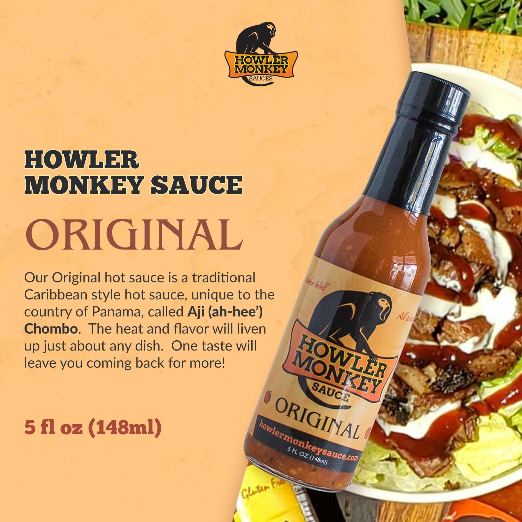 Howler Monkey Sauce Original - Panamanian Style Hot Sauce By Aji Chombo Peppers From The Caribbean - Gluten-Free, No Carbs, Low Sodium - Spice Up Any Dish, Soups, Or Marinades - 1-Pack 5Oz Bottle