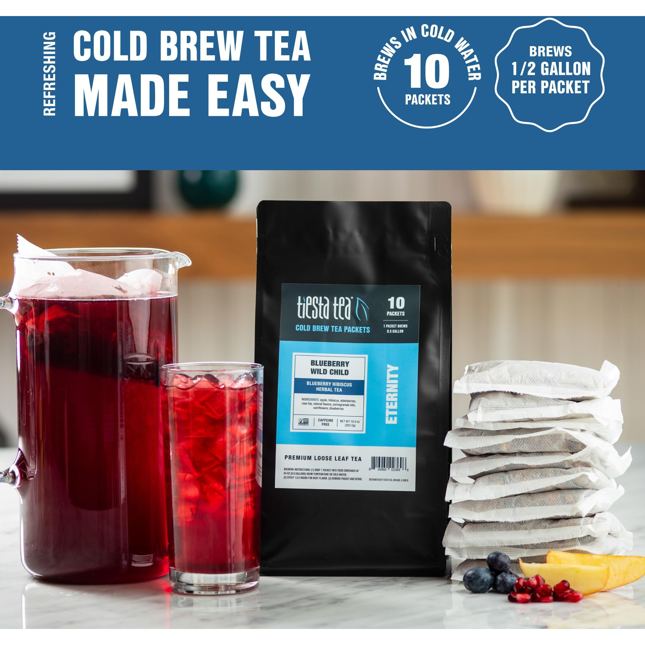 Tiesta Tea - Blueberry Wild Child Cold Brew - Blueberry Hibiscus Herbal Tea - Loose Leaf Tea Blend - Non Caffeinated Iced Tea - Cold Brew Tea Packets - Brews 64 Oz Of Pitcher Per Bag (Pack Of 10)