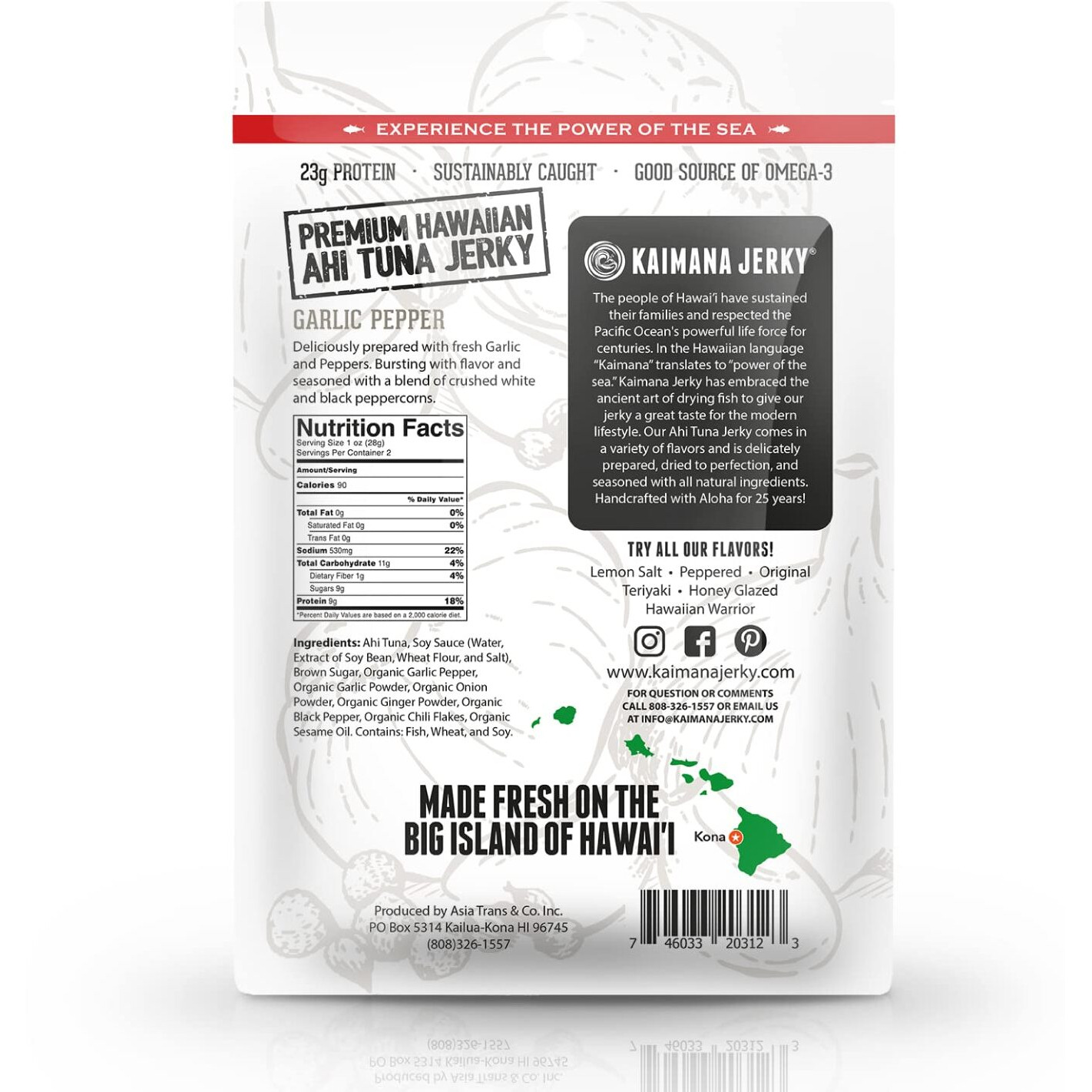 Kaimana Ahi Tuna Jerky Garlic Pepper 2 Ounce - Soft And Tasty - Premium Fish Jerky Made In The Usa. High In Omega 3's, All Natural And Wild Caught