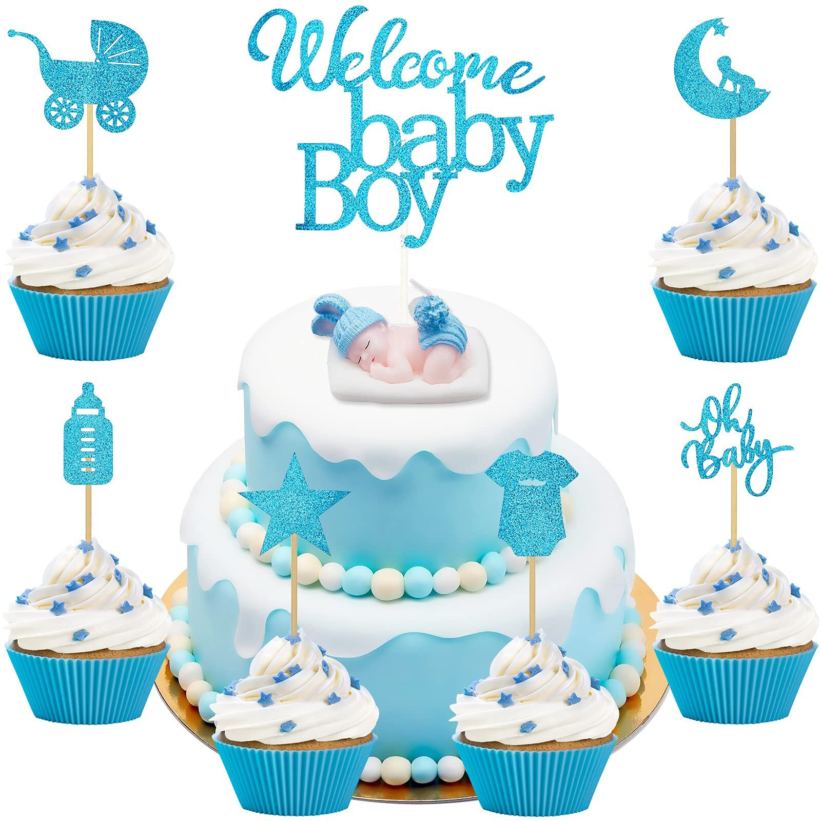 38 Pieces Baby Shower Boy Cake Toppers Sleeping Baby Candle Cake Topper Baby Boy Cupcake Toppers Glitter Welcome Baby Boy Cake Pick For Baby Shower Baby Boy First Birthday Party Decorations, Blue