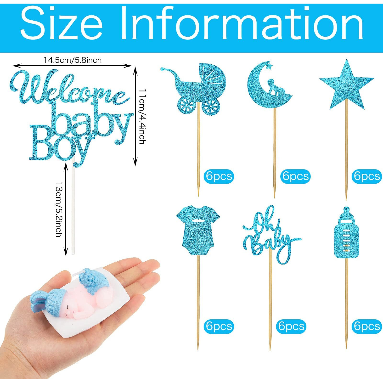 38 Pieces Baby Shower Boy Cake Toppers Sleeping Baby Candle Cake Topper Baby Boy Cupcake Toppers Glitter Welcome Baby Boy Cake Pick For Baby Shower Baby Boy First Birthday Party Decorations, Blue