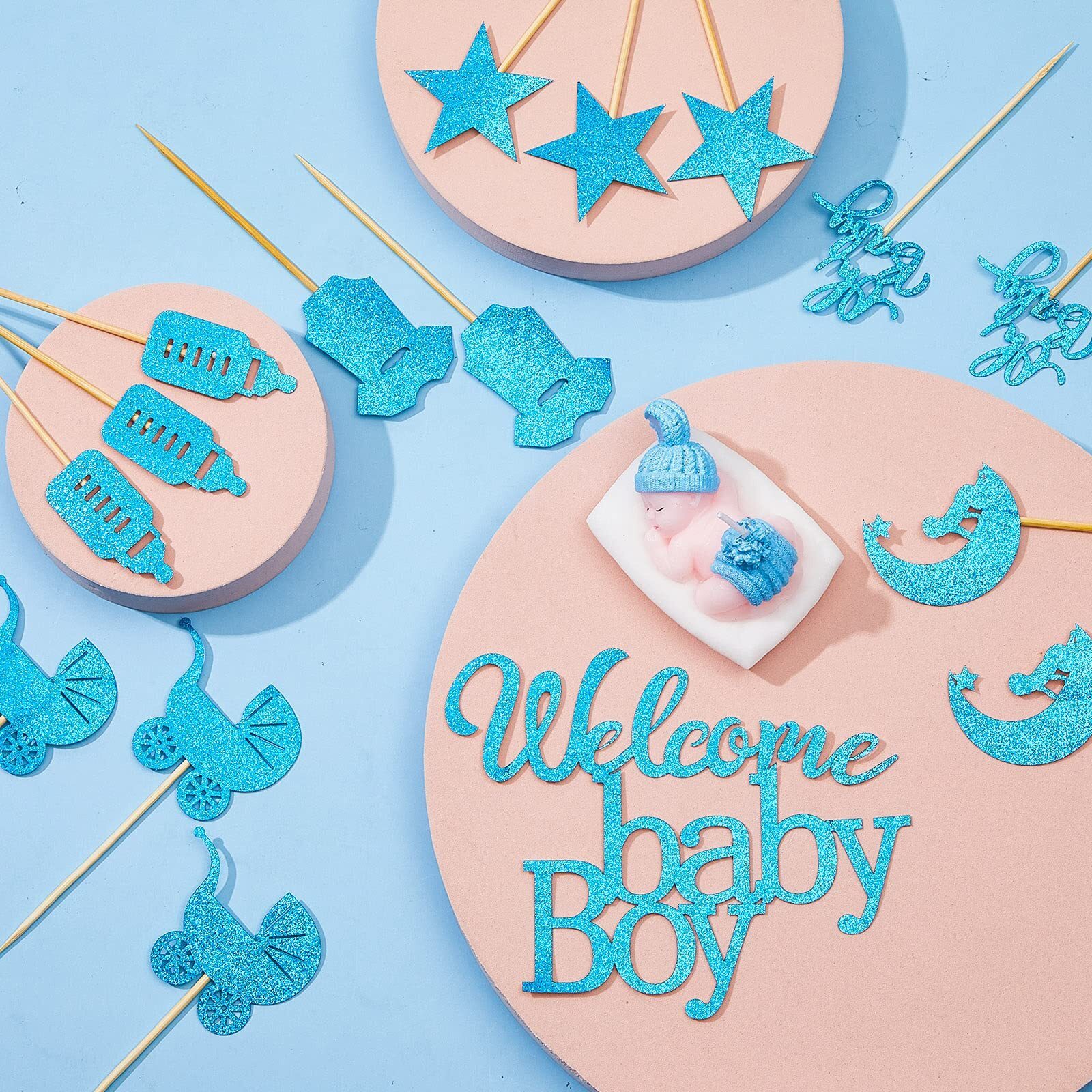 38 Pieces Baby Shower Boy Cake Toppers Sleeping Baby Candle Cake Topper Baby Boy Cupcake Toppers Glitter Welcome Baby Boy Cake Pick For Baby Shower Baby Boy First Birthday Party Decorations, Blue
