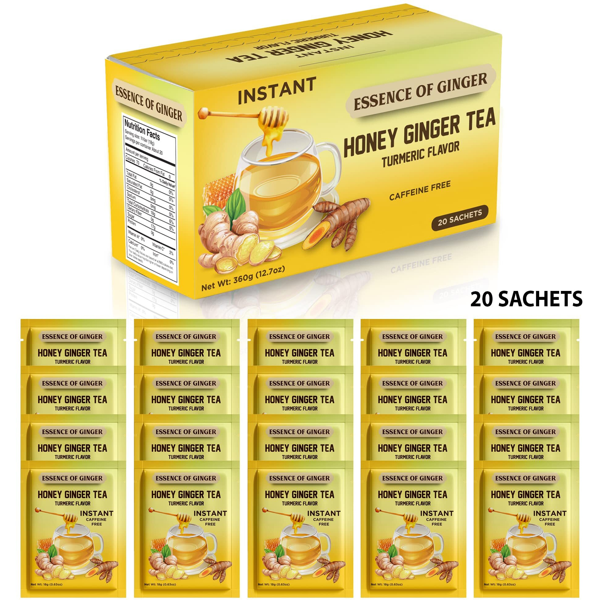 Essence Of Ginger Natural Honey Ginger Turmeric Tea - 20 Packets - Instant Herbal Tea Bags Made With Real Pure Honey, Fresh Ginger And Turmeric Root - Caffeine Free