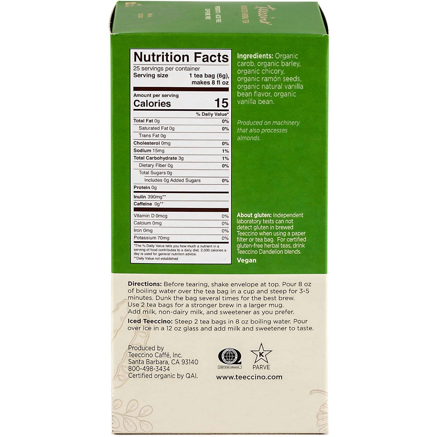 Teeccino French Vanilla Herbal Tea - Rich & Roasted Herbal Tea Thats Caffeine Free & Prebiotic For Natural Energy, Coffee Alternative, 25 Count
