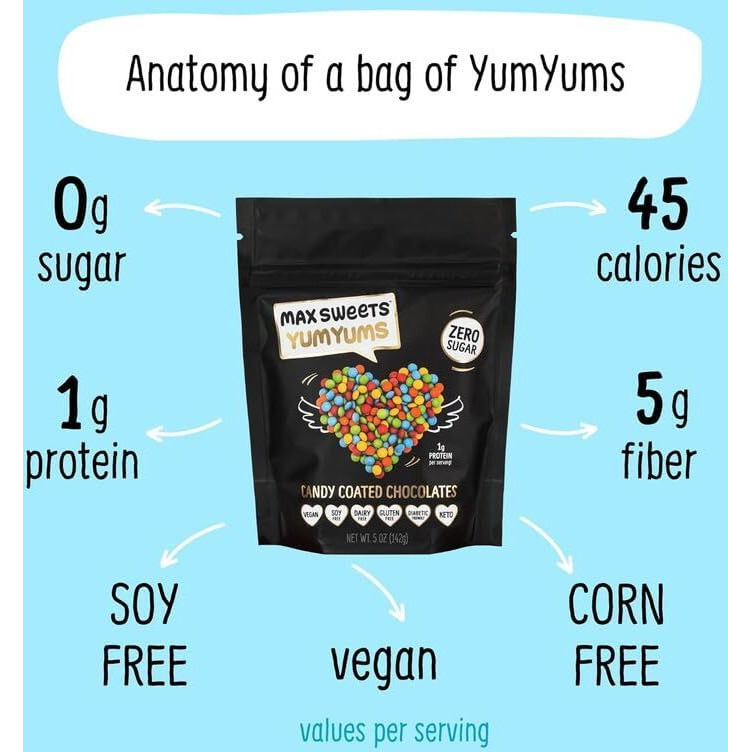 Max Sweets Dark Chocolate Yumyums - Delicious Sugar Free Candy Ideal For Keto, Gluten Free, Diabetic, Low Carb, No Sugar Diets - Vegan Chocolate With Candy Coating - 6 Pack