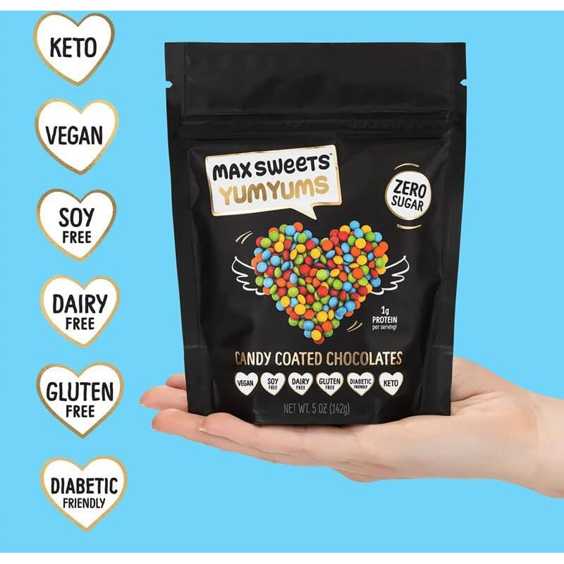Max Sweets Dark Chocolate Yumyums - Delicious Sugar Free Candy Ideal For Keto, Gluten Free, Diabetic, Low Carb, No Sugar Diets - Vegan Chocolate With Candy Coating - 6 Pack