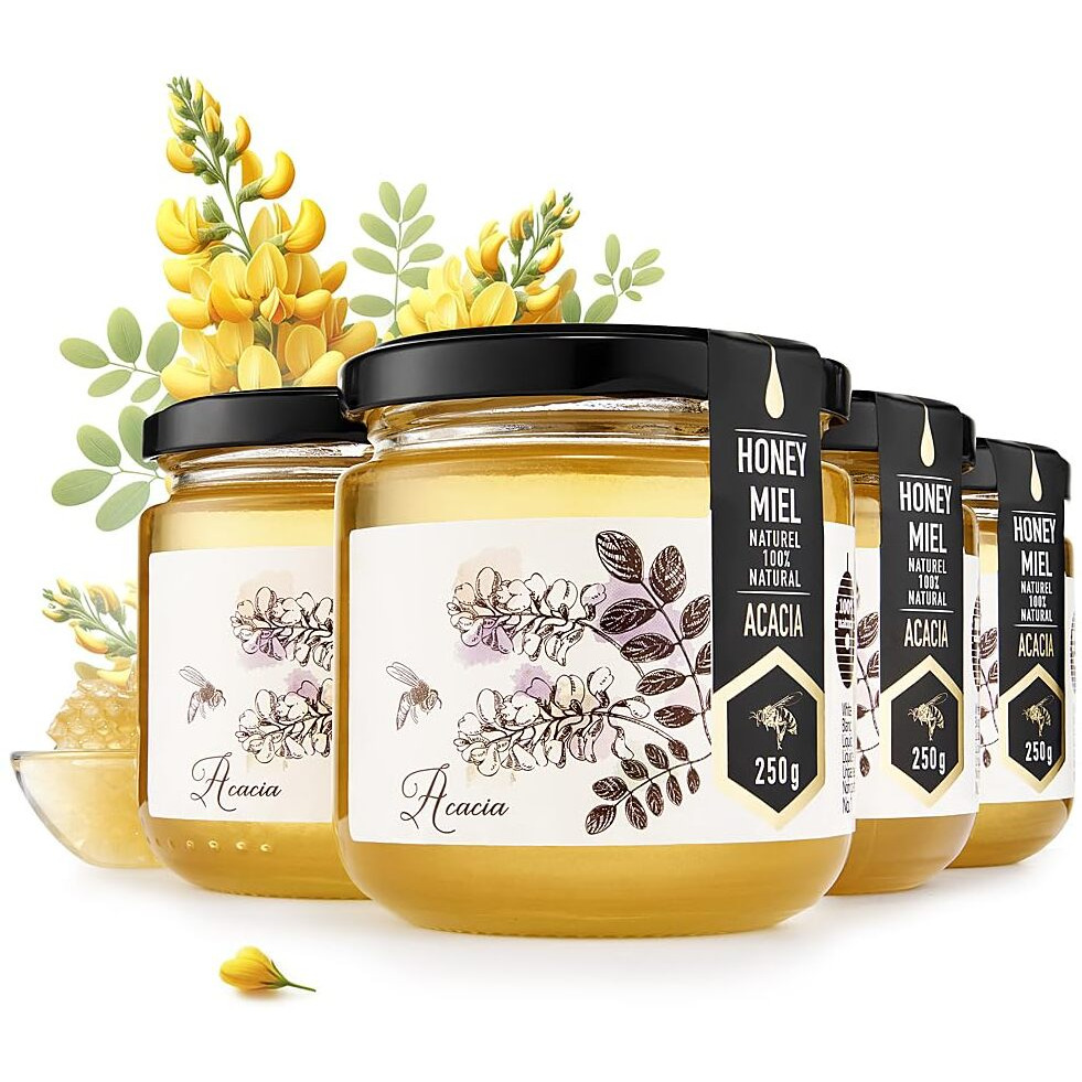 Honigma Raw Honey | Exquisite Taste | 100% Pure | Unpasteurized | Unfiltered | Partially Crystallized | (8.8 Fl Oz (Pack Of 4), Acacia)